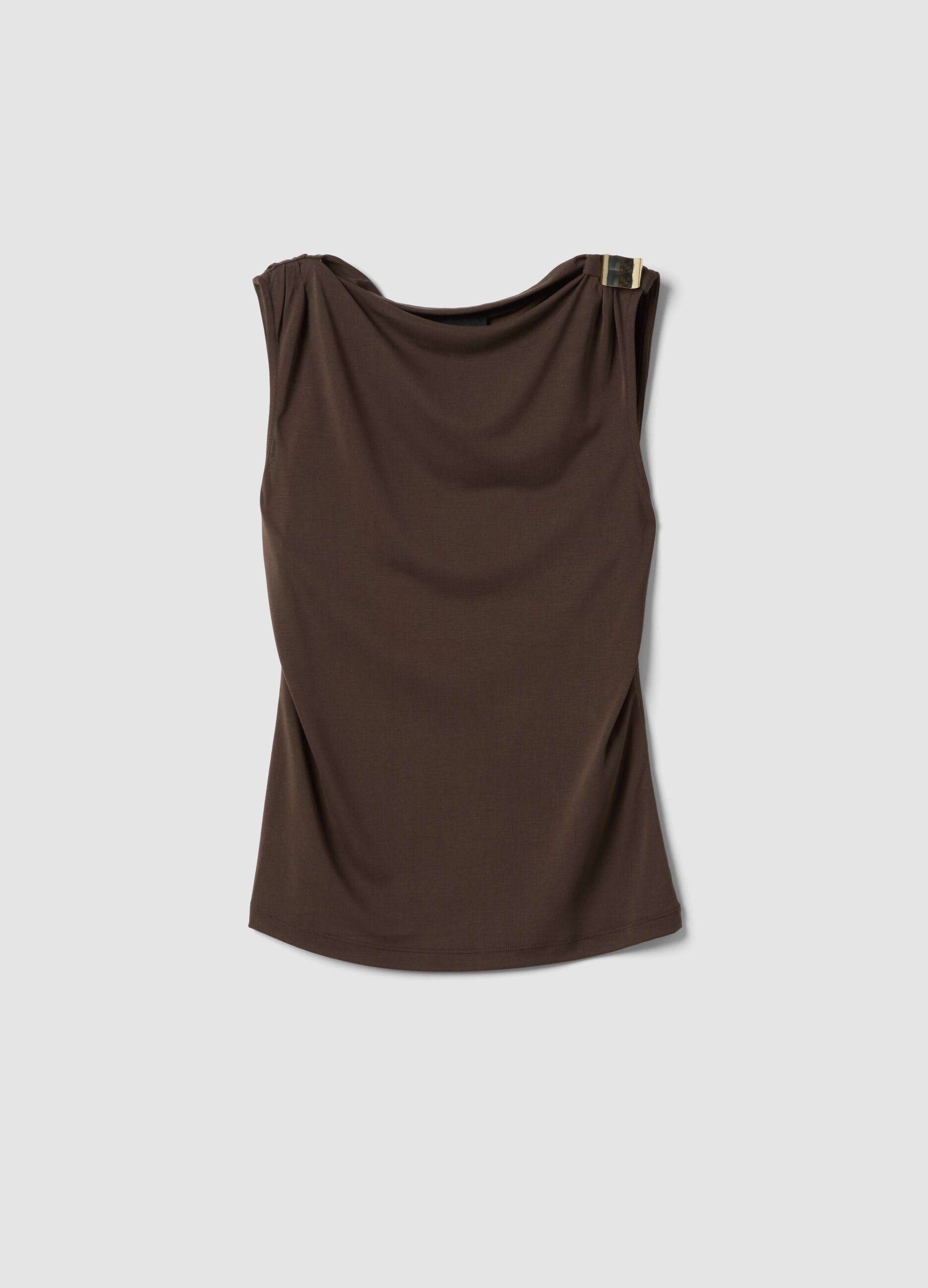 Brown sleeveless viscose-blend top with jewel detail