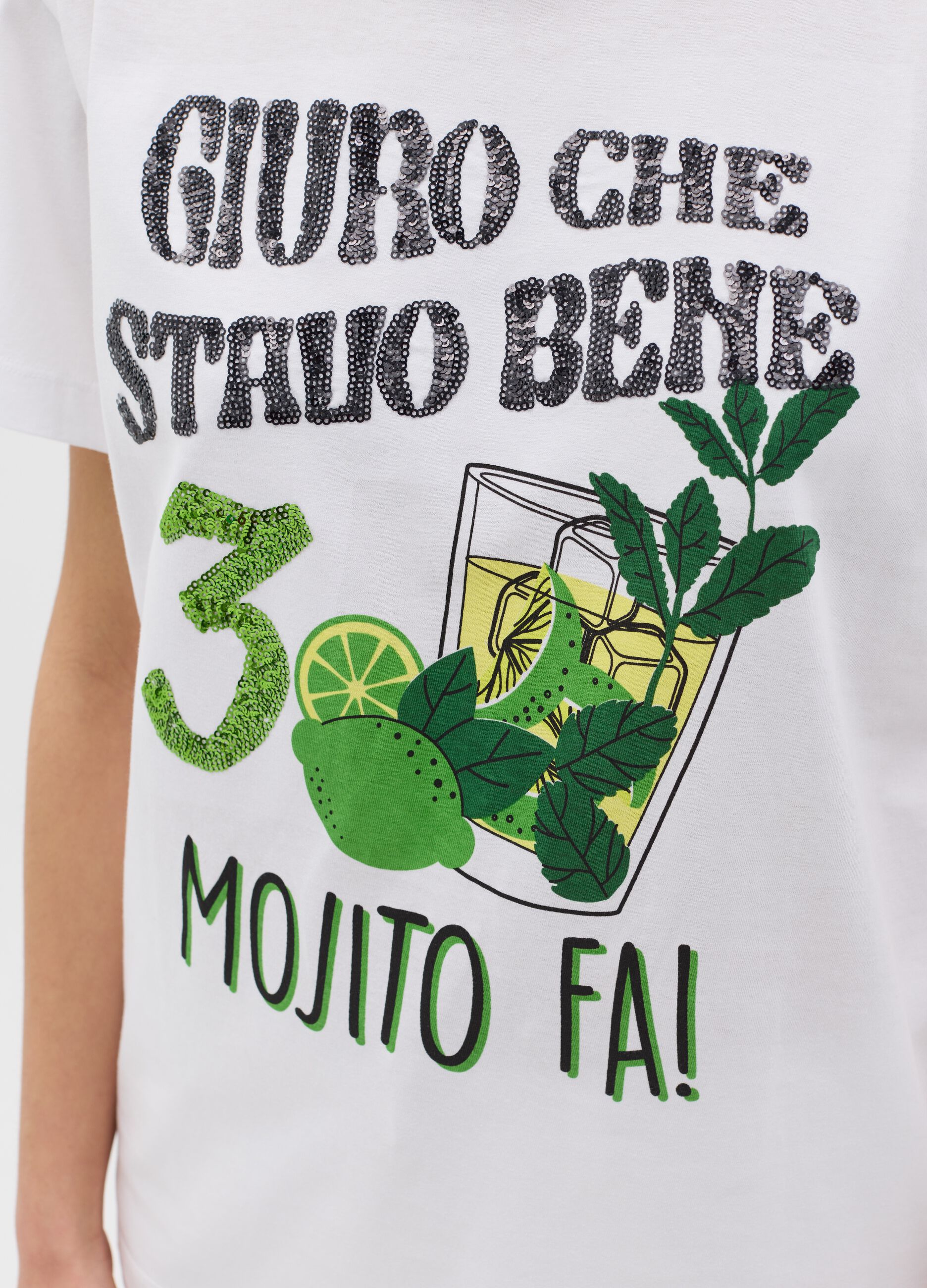 White T-shirt in cotton with sequins and mojito print