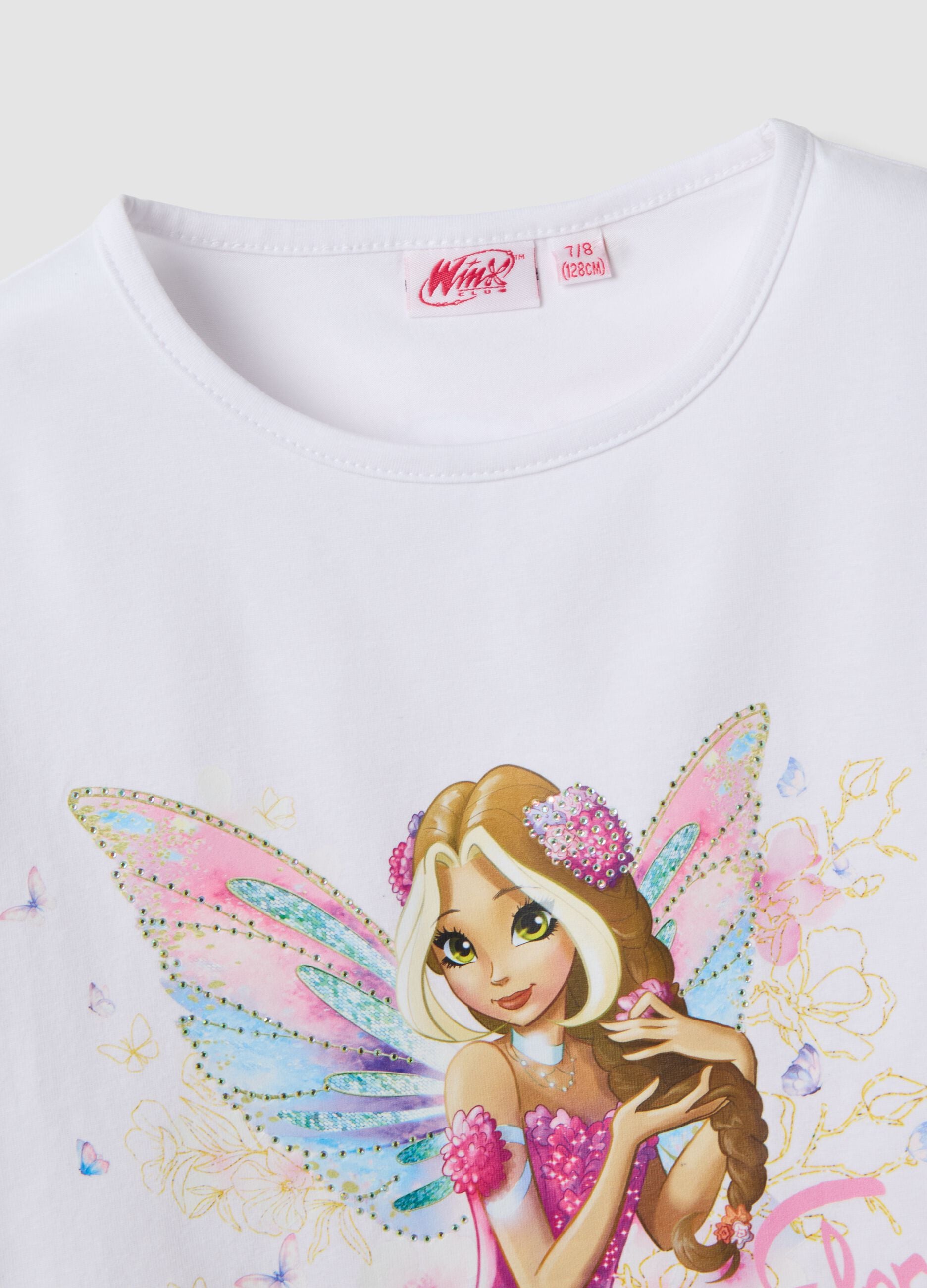 T-shirt bianca in cotone elasticizzato con maniche volant per bambina regular fit