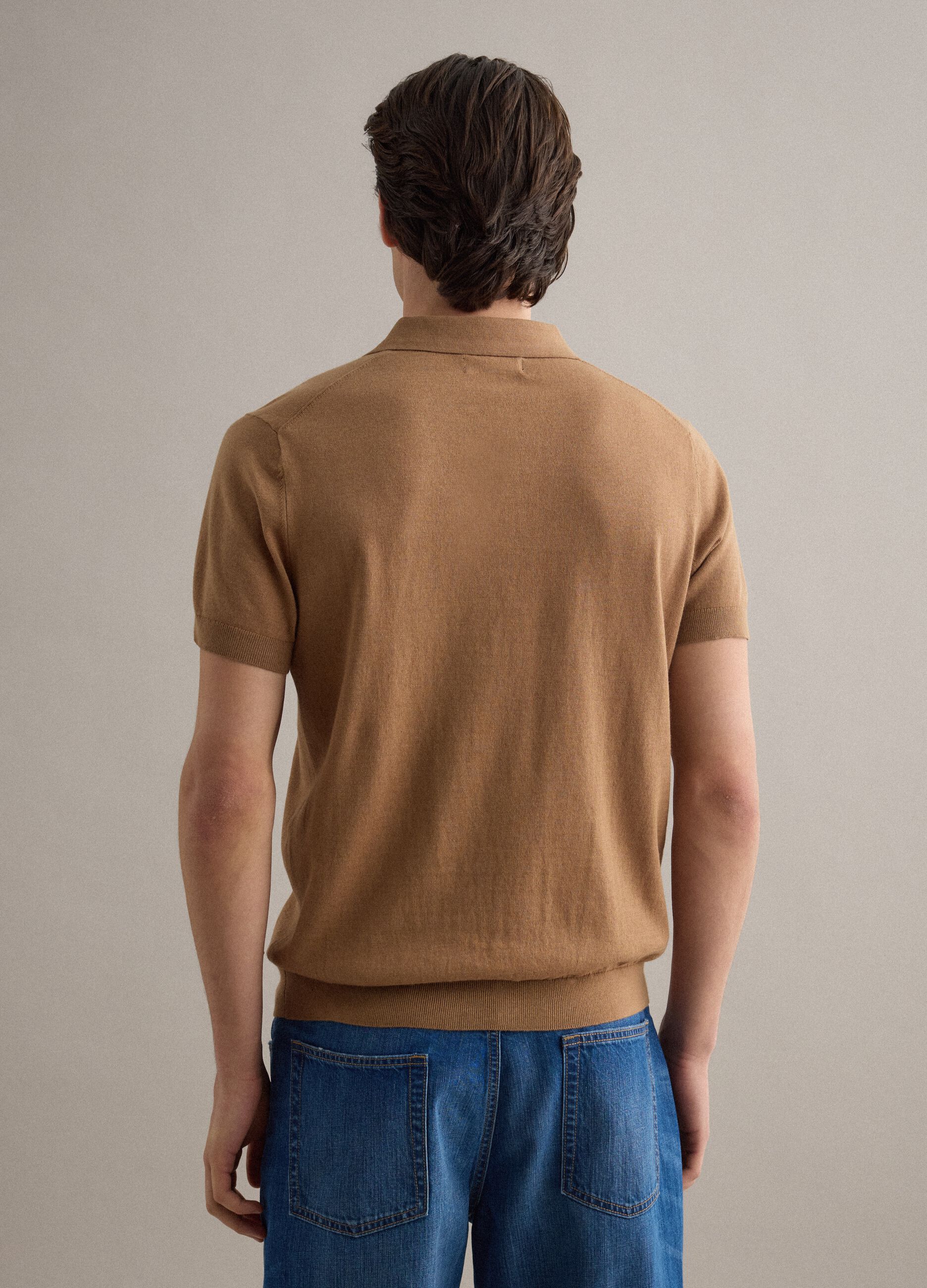 Regular fit brown polo shirt in cotton, linen and silk blend