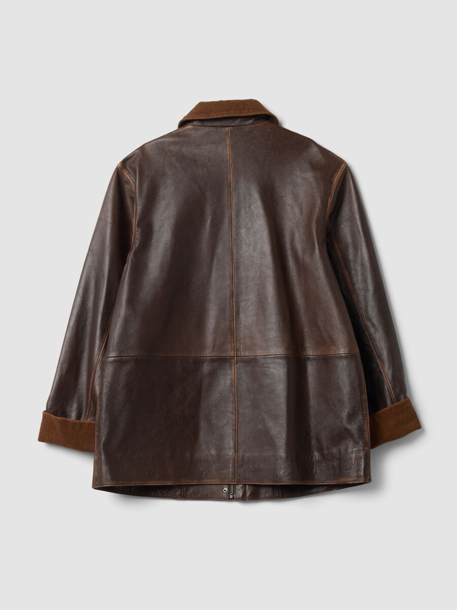 Giacca marrone in vera pelle con colletto in velluto regular fit_2