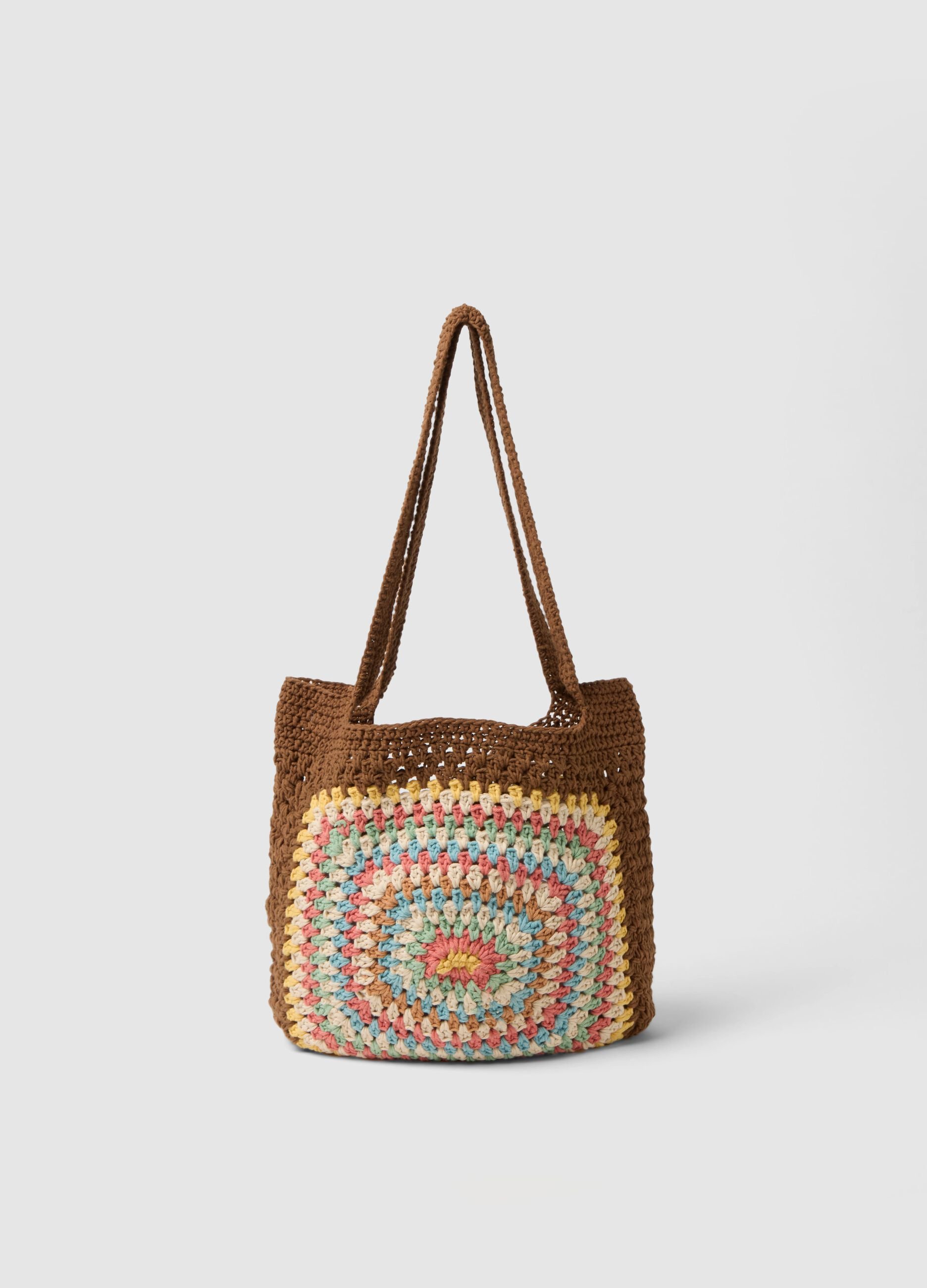 Multicolour Cotton Blend Beach Bag with Crochet Details