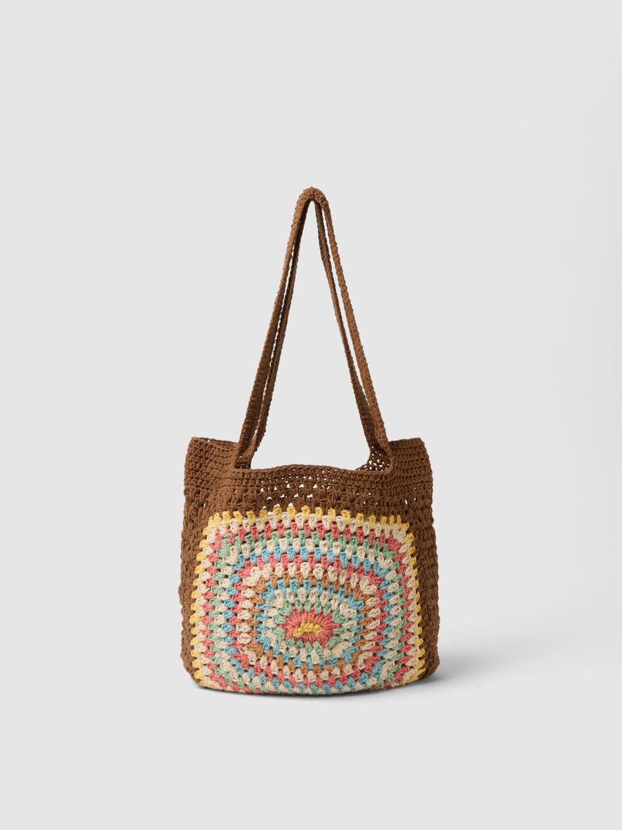 Multicolour Cotton Blend Beach Bag with Crochet Details_0