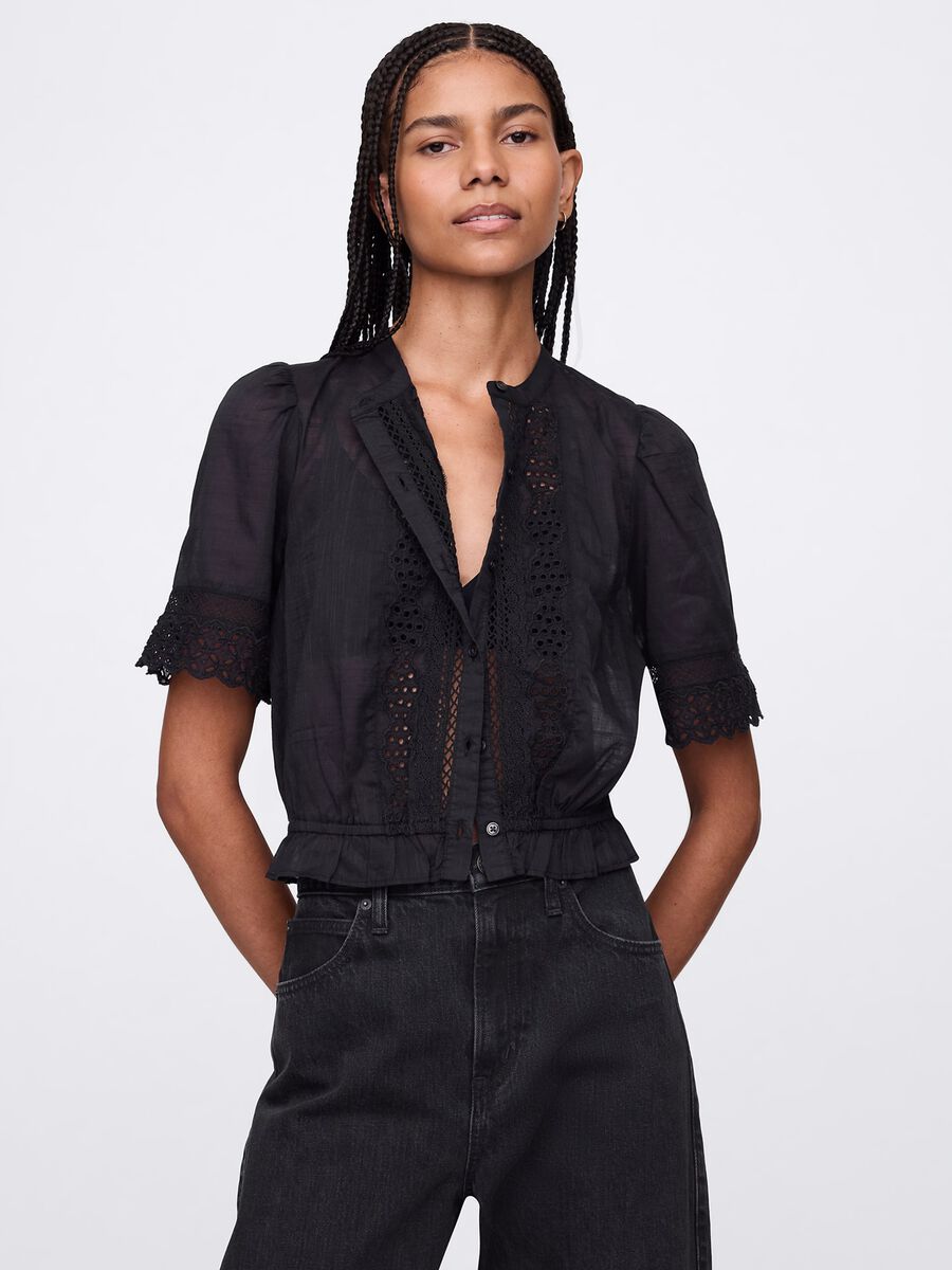 Blusa nera ricamata in cotone_0