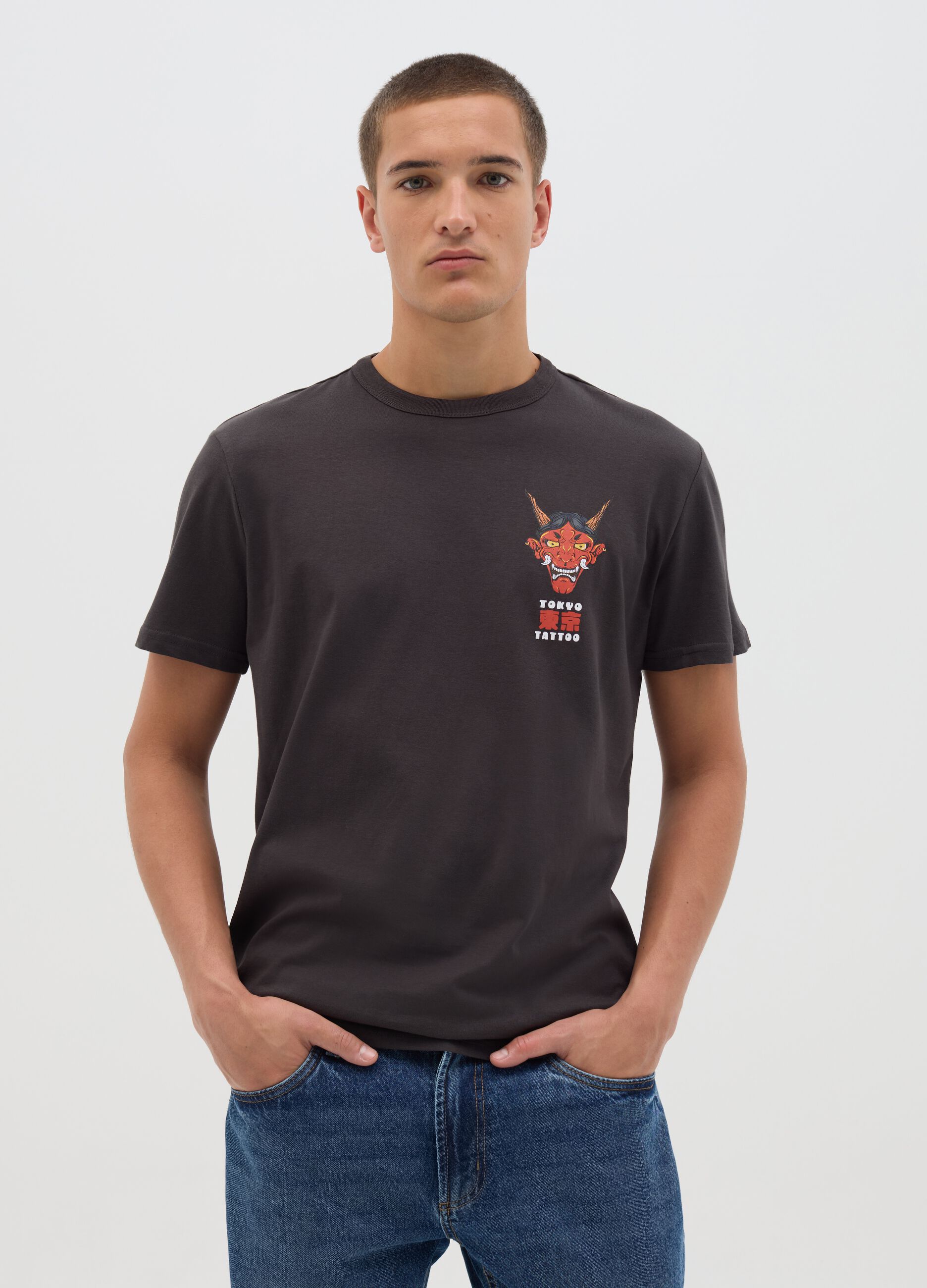 Black short-sleeve T-shirt with Tokyo Tattoo print