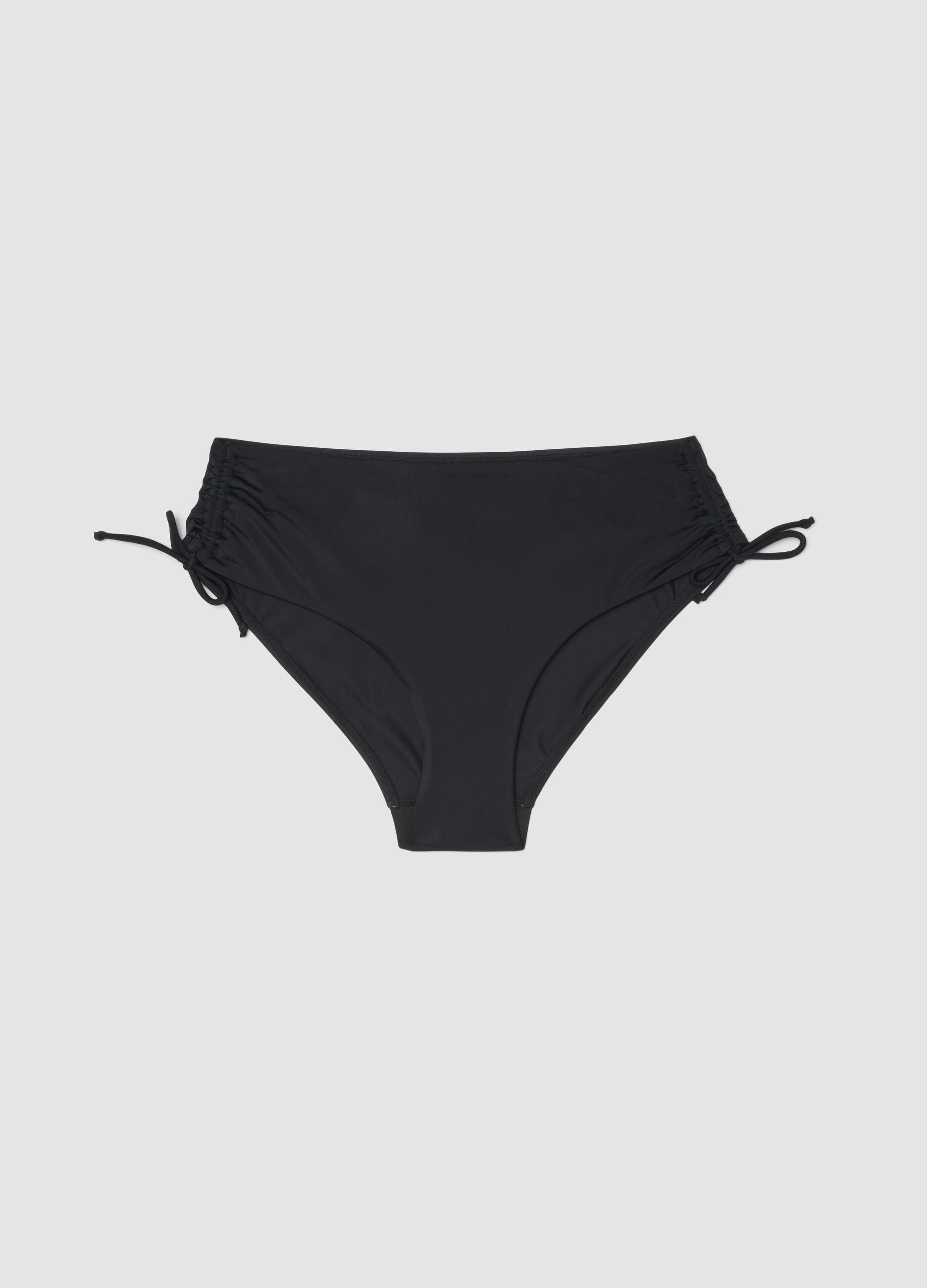 Black stretch bikini bottoms with ruched detailing