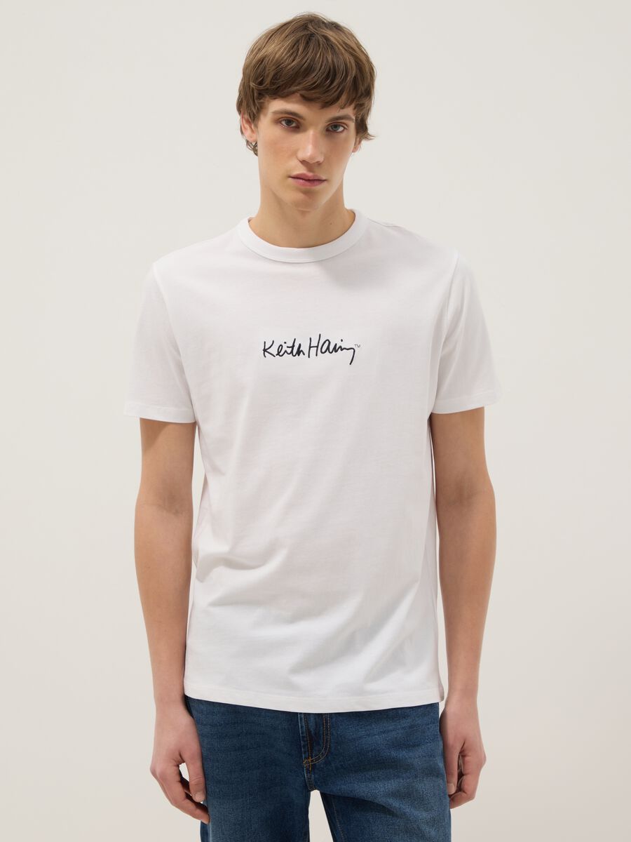 White short-sleeve pure cotton T-shirt with Keith Haring signature_0