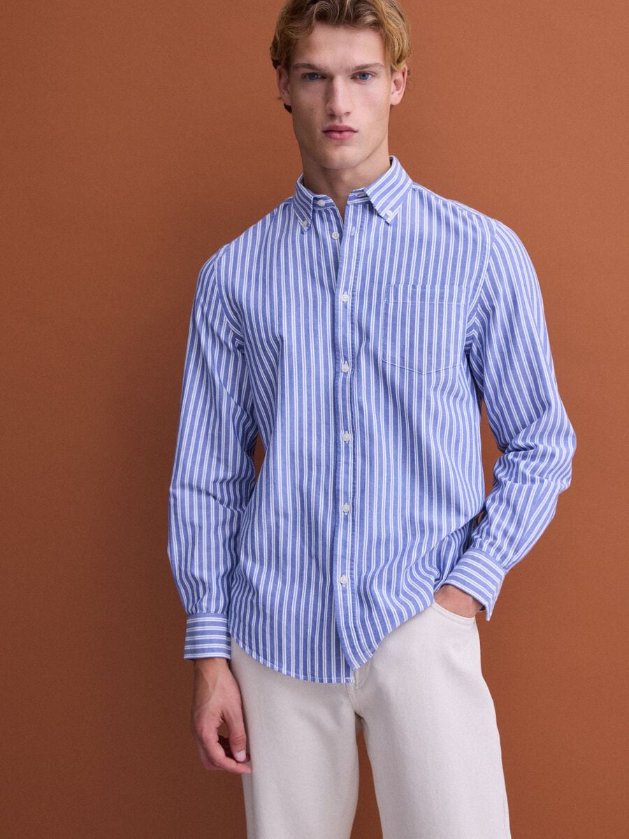 Blue striped pure cotton Oxford shirt, regular fit_0