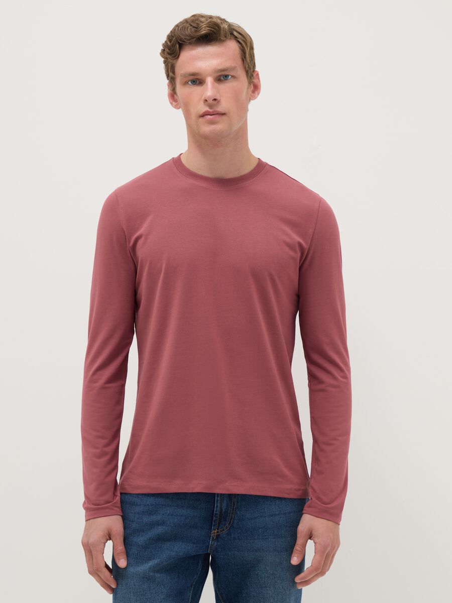 Red Long Sleeve Cotton Stretch Regular Fit T-Shirt_0