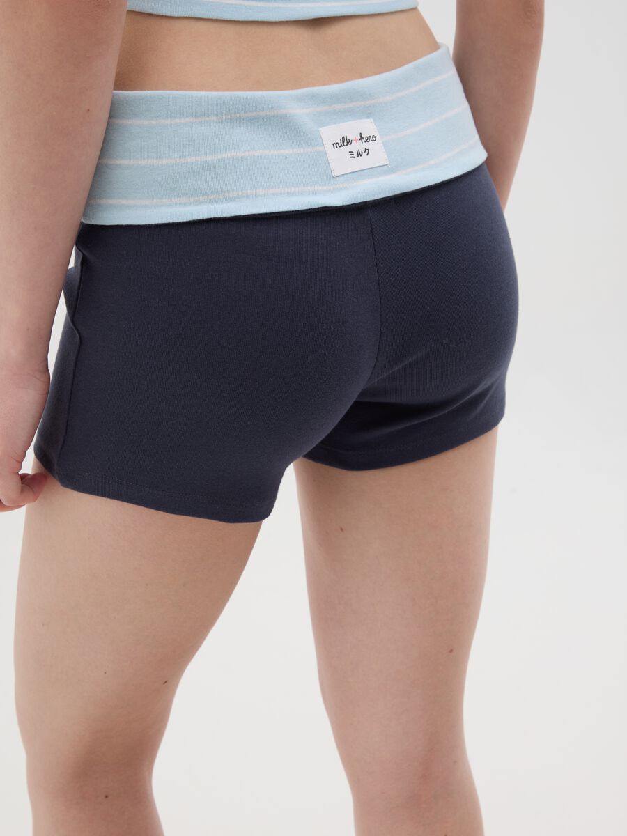 Women's pure cotton multicolour slim fit shorts with blue stripe turn-up_2