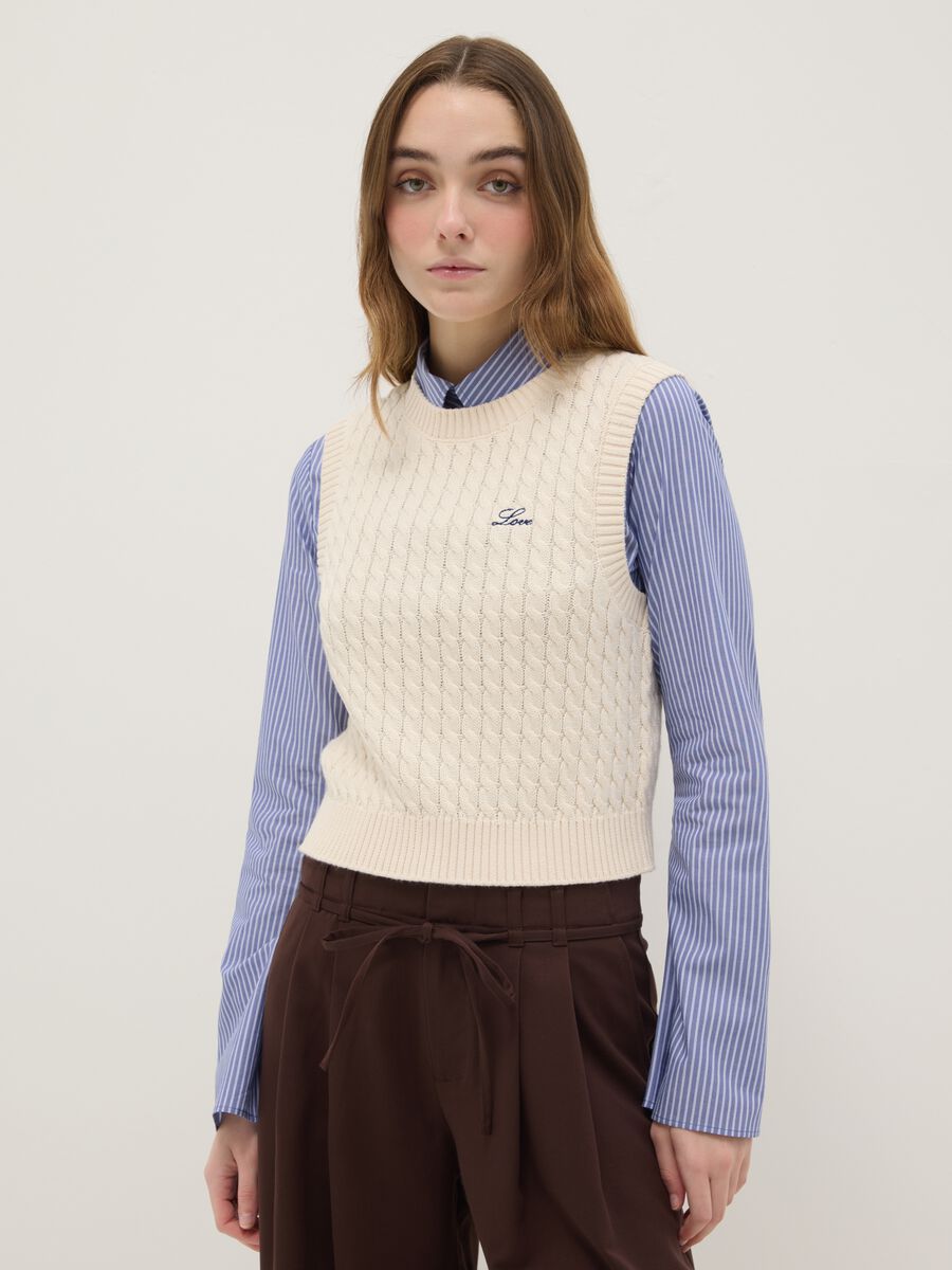 Beige pure cotton regular fit waistcoat with cable knit design_1