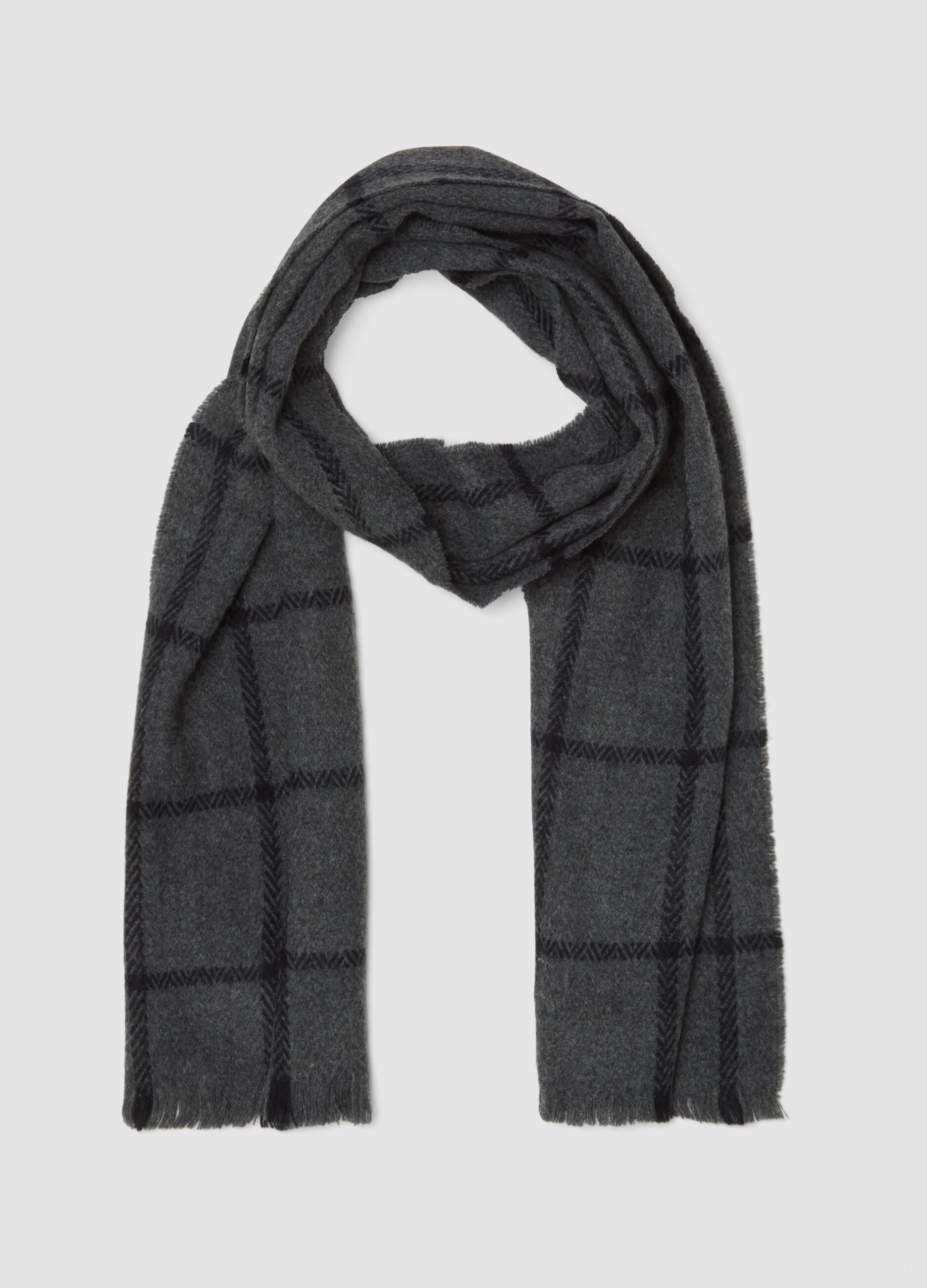 Dark Grey Checked Scarf with Fringes
