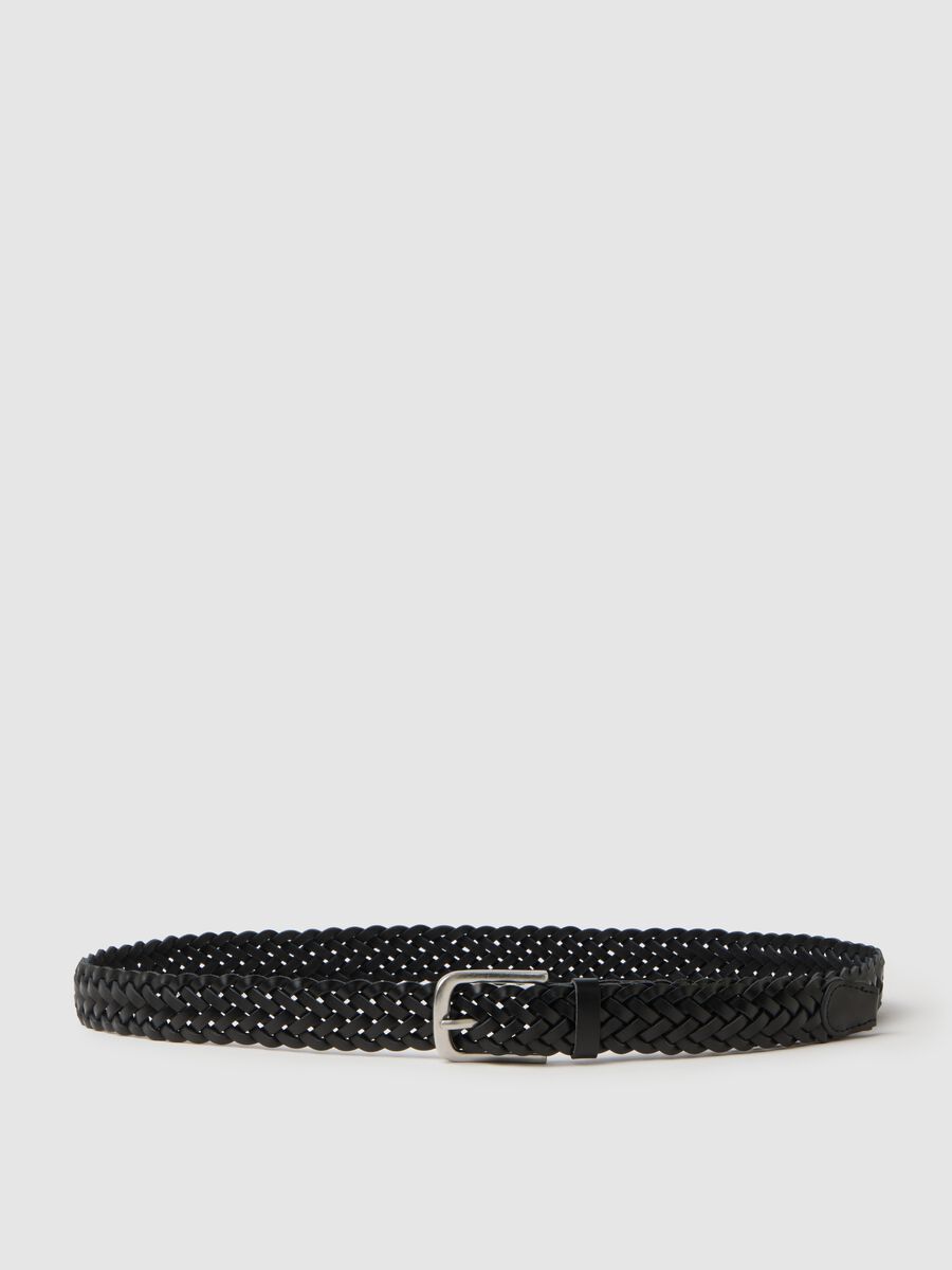 Black braided genuine leather belt_0