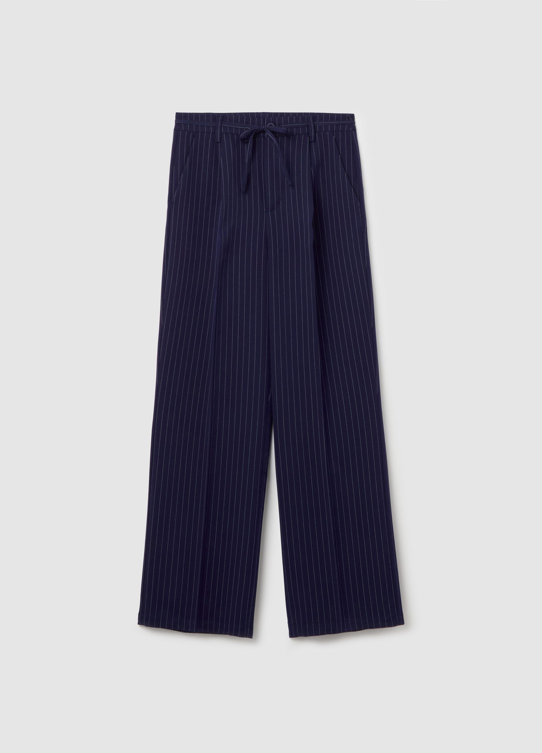 Pantalone gessato a gamba larga blu con cintura