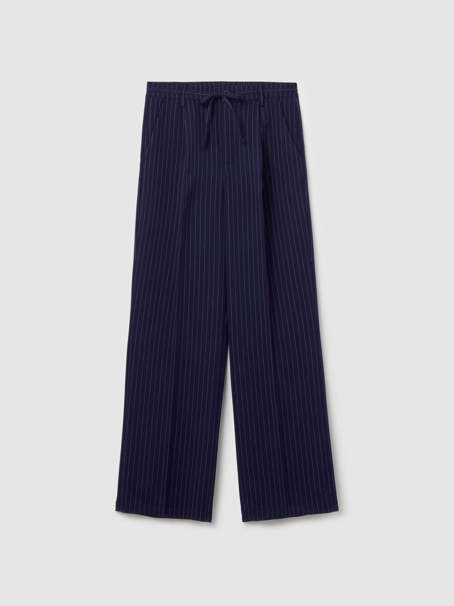 Blue wide-leg pinstriped trousers with belt_4