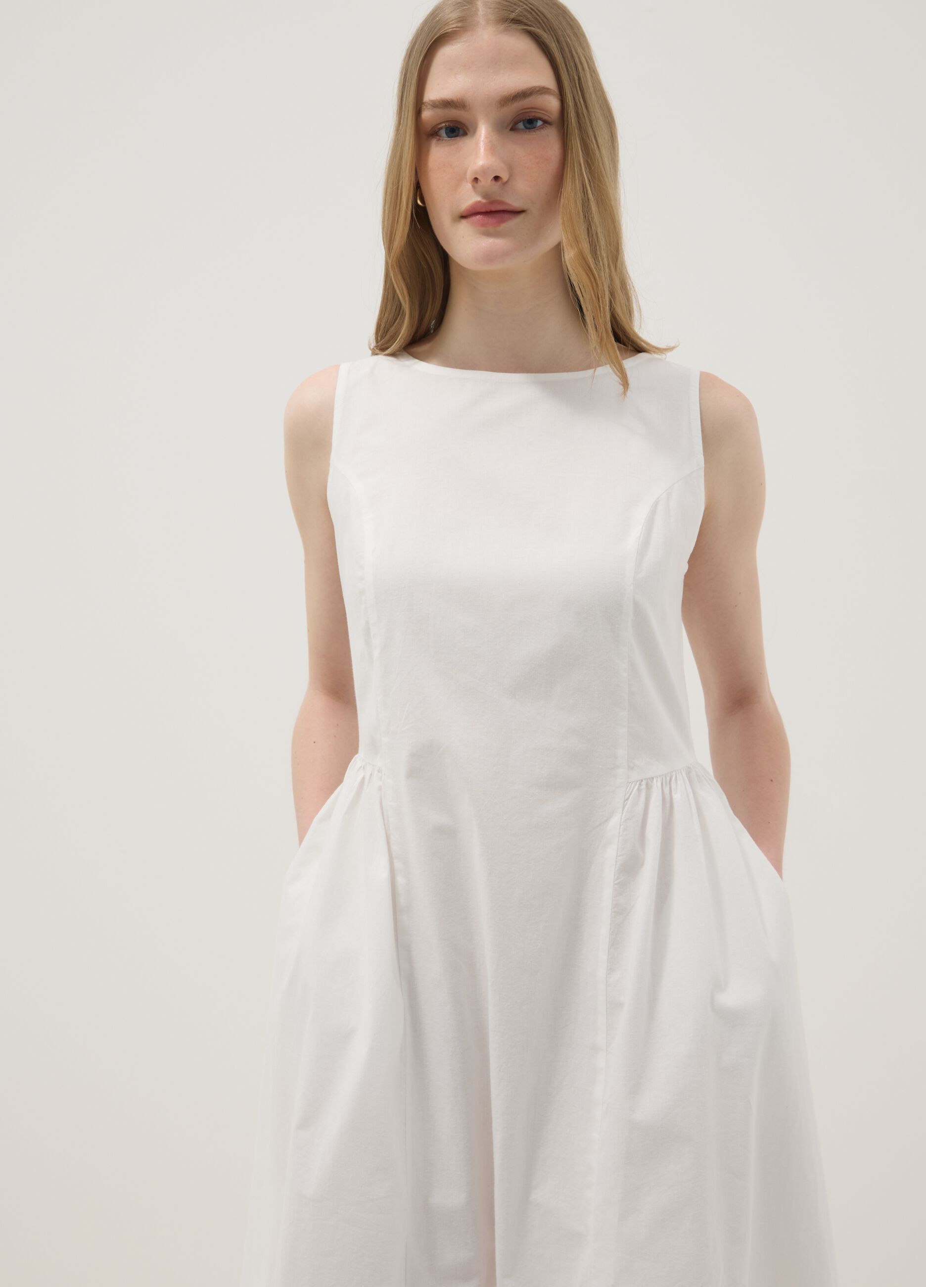 White pure cotton dress with boat neckline