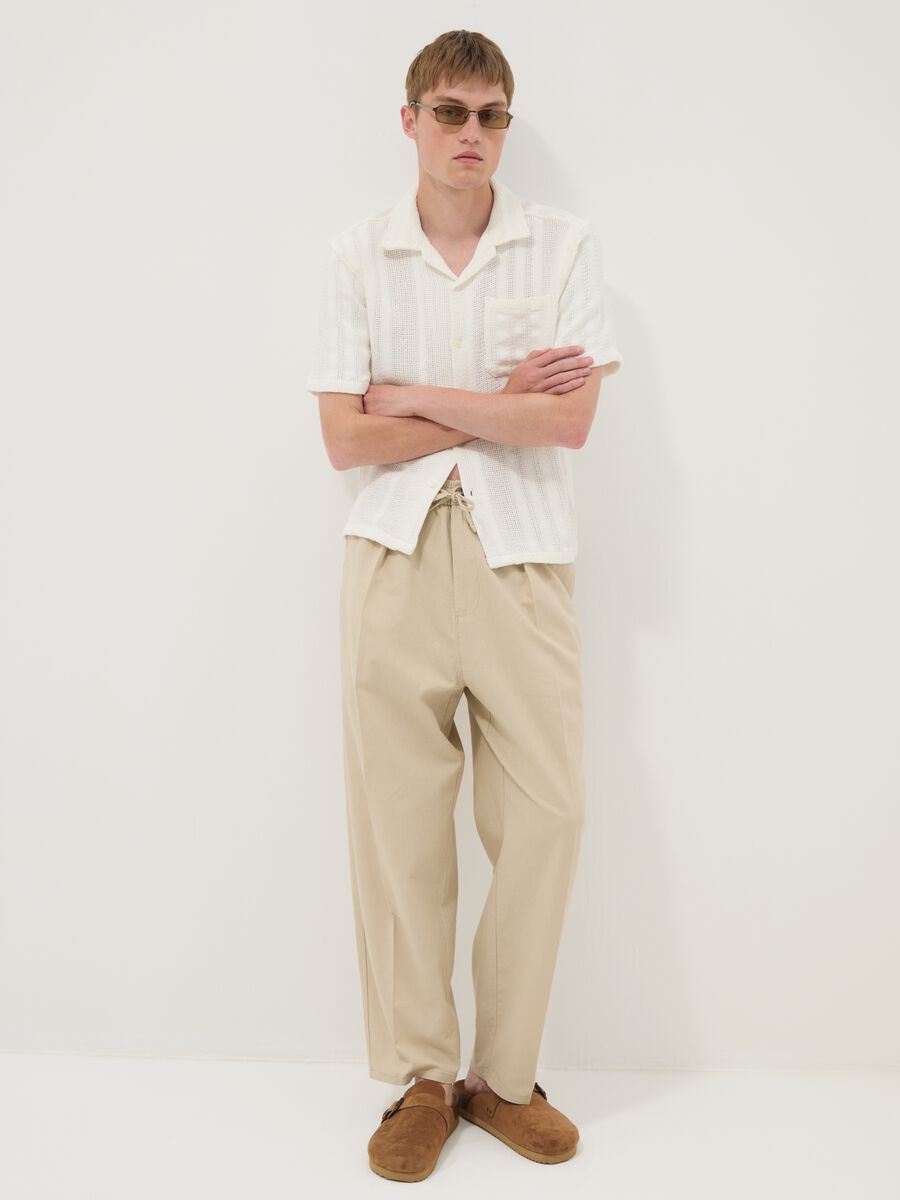 Beige linen-cotton blend trousers with an elasticated waist_0
