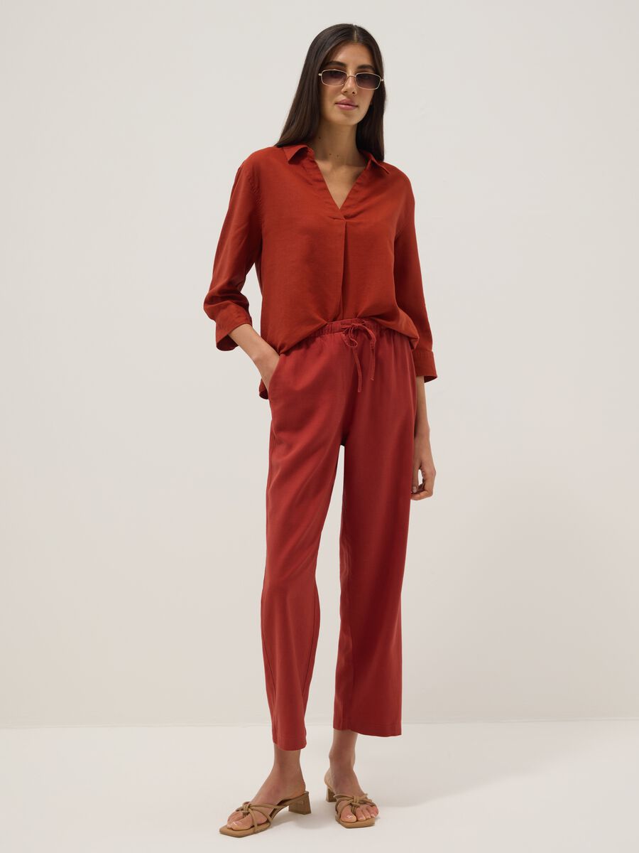 Pantaloni in misto viscosa e lino rossi straight fit con coulisse_0