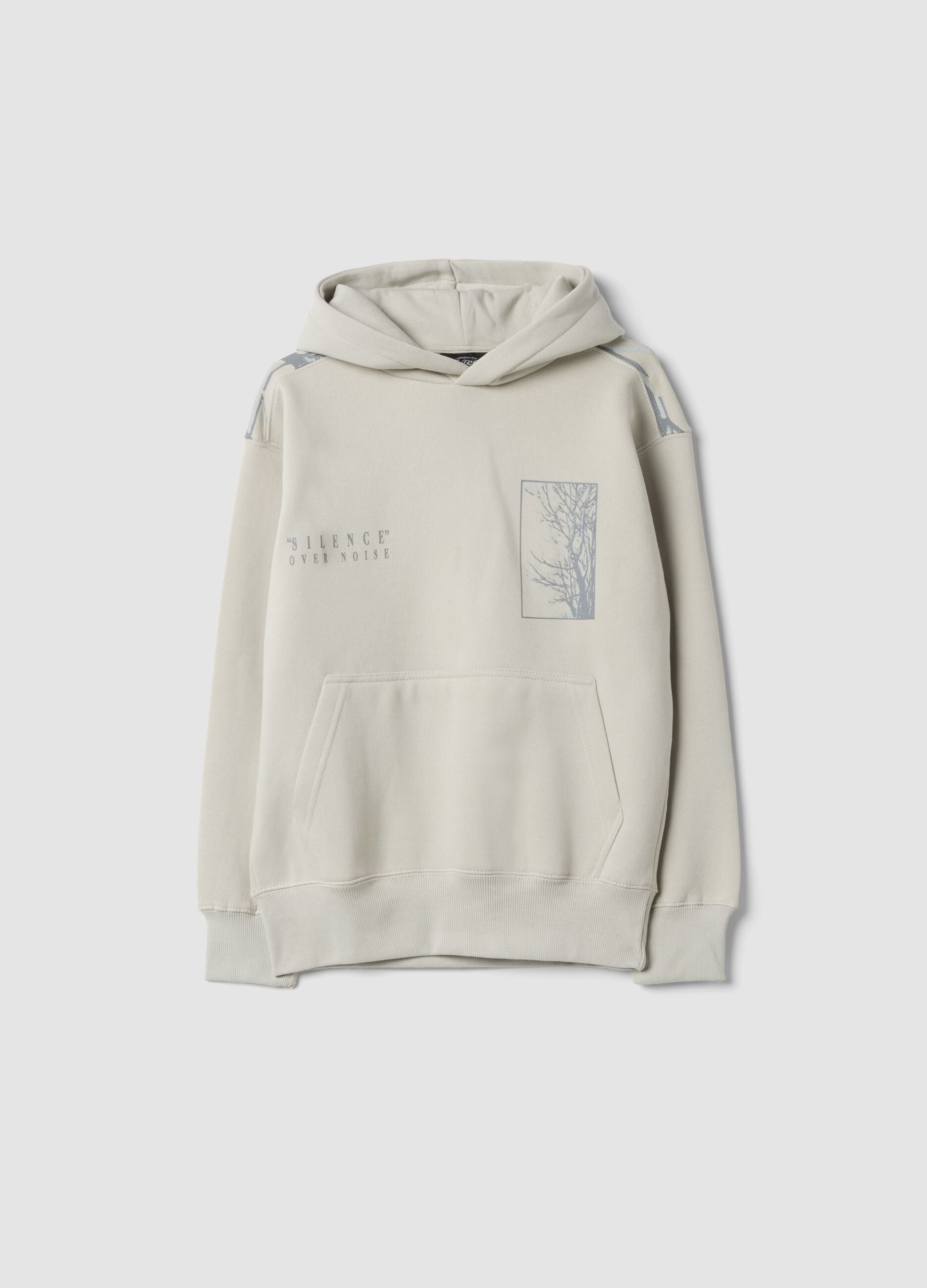 Light grey cotton-blend hoodie with botanical print