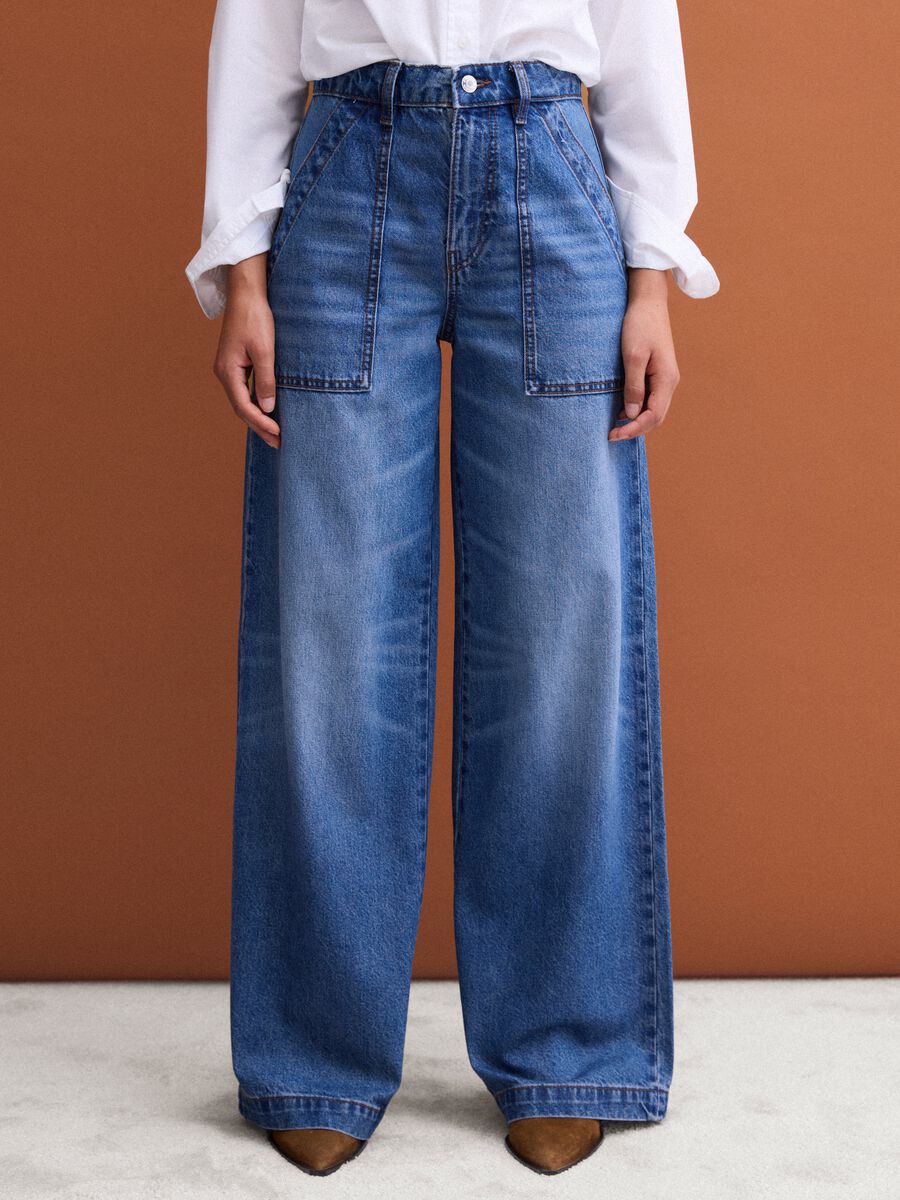 Jeans denim blu wide leg in puro cotone_1