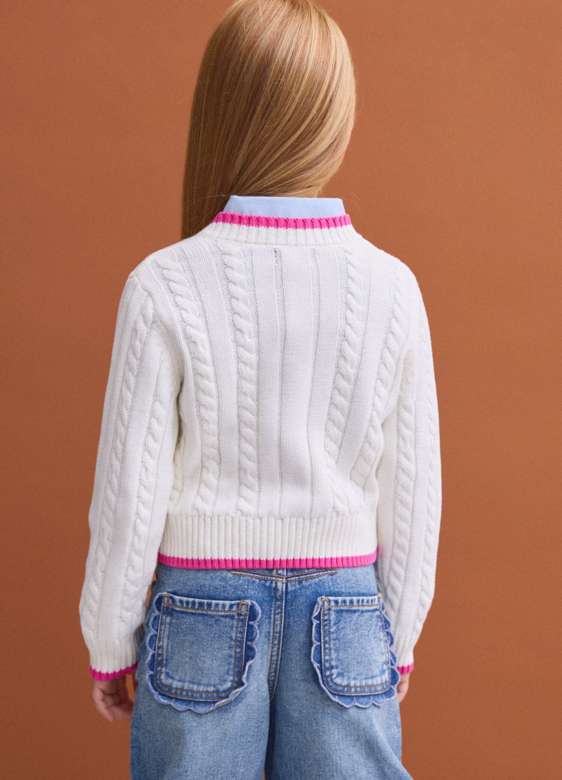 White pure cotton cable-knit V-neck jumper for girls