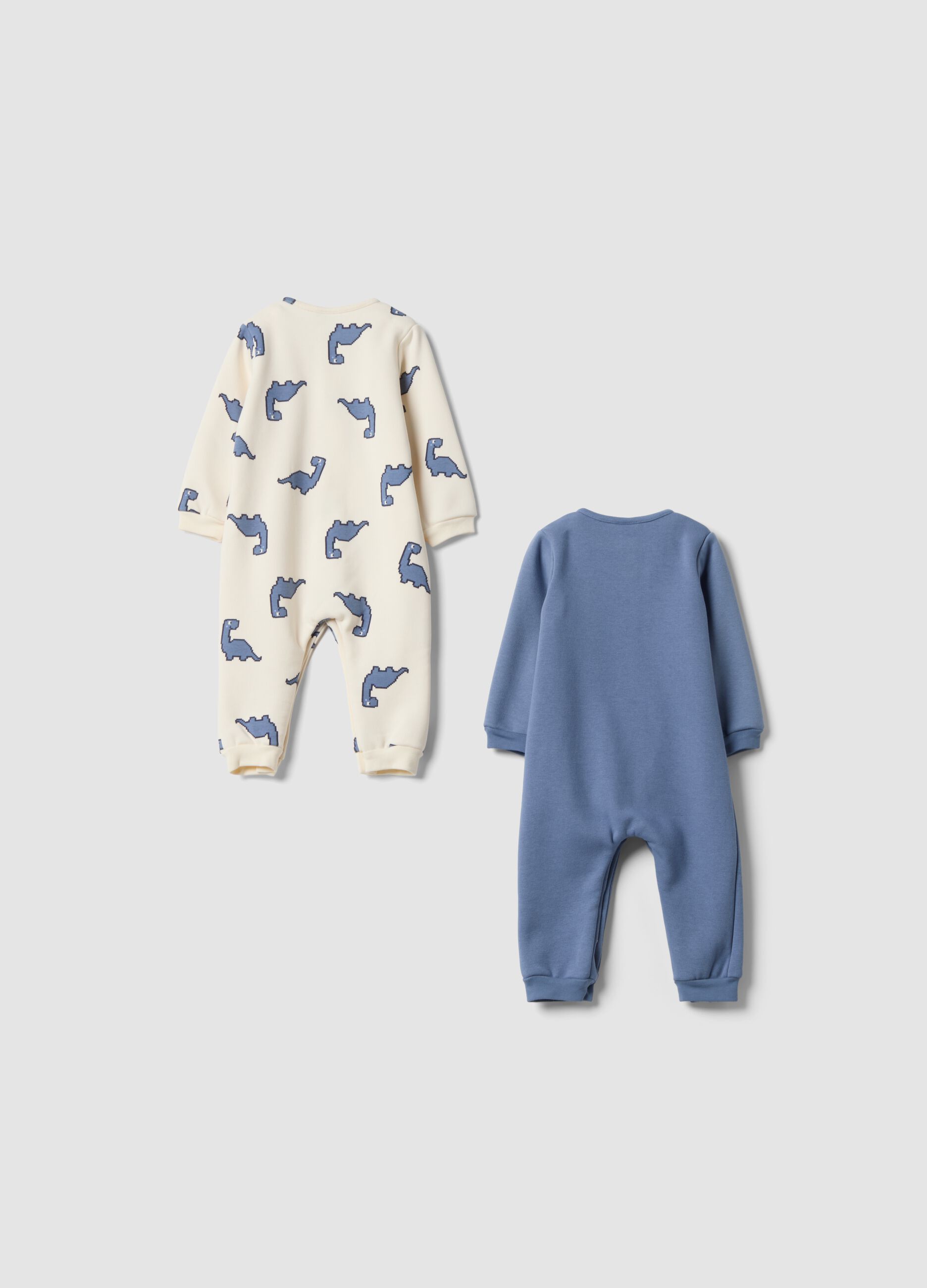 2-pack white and light blue stretch babygrows with dinosaur print
