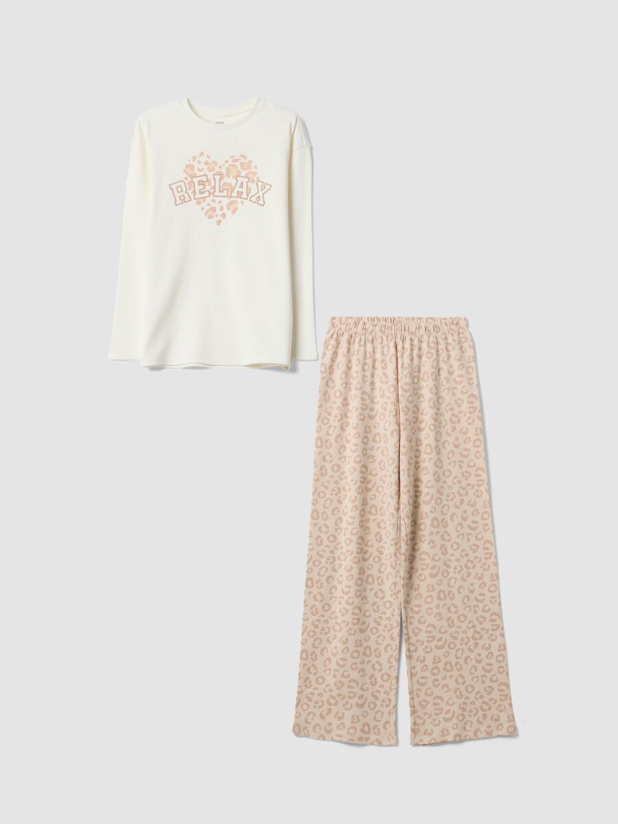 White and beige pure organic cotton printed pyjamas for girls_0