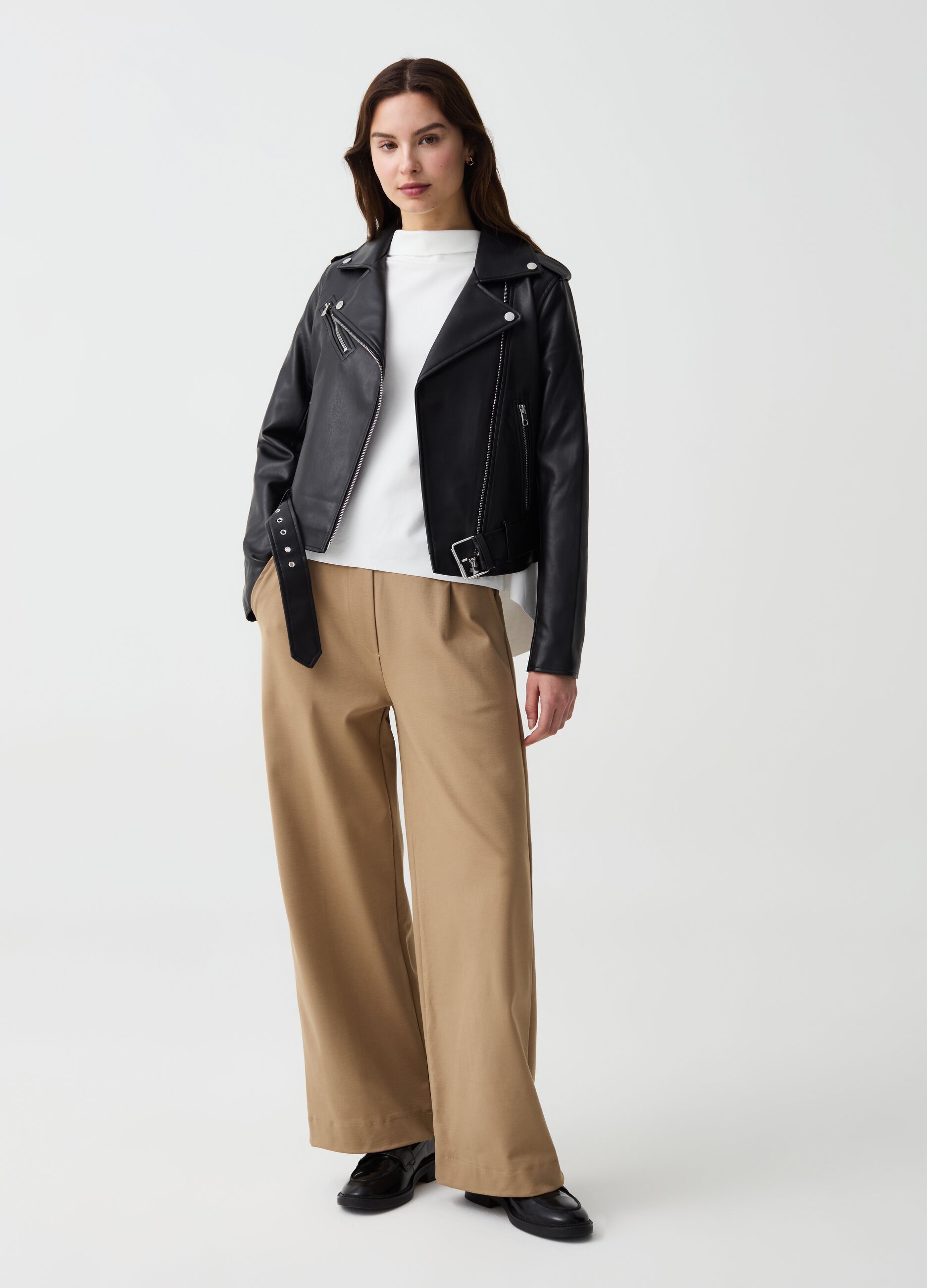 Glossy-effect biker jacket with zip