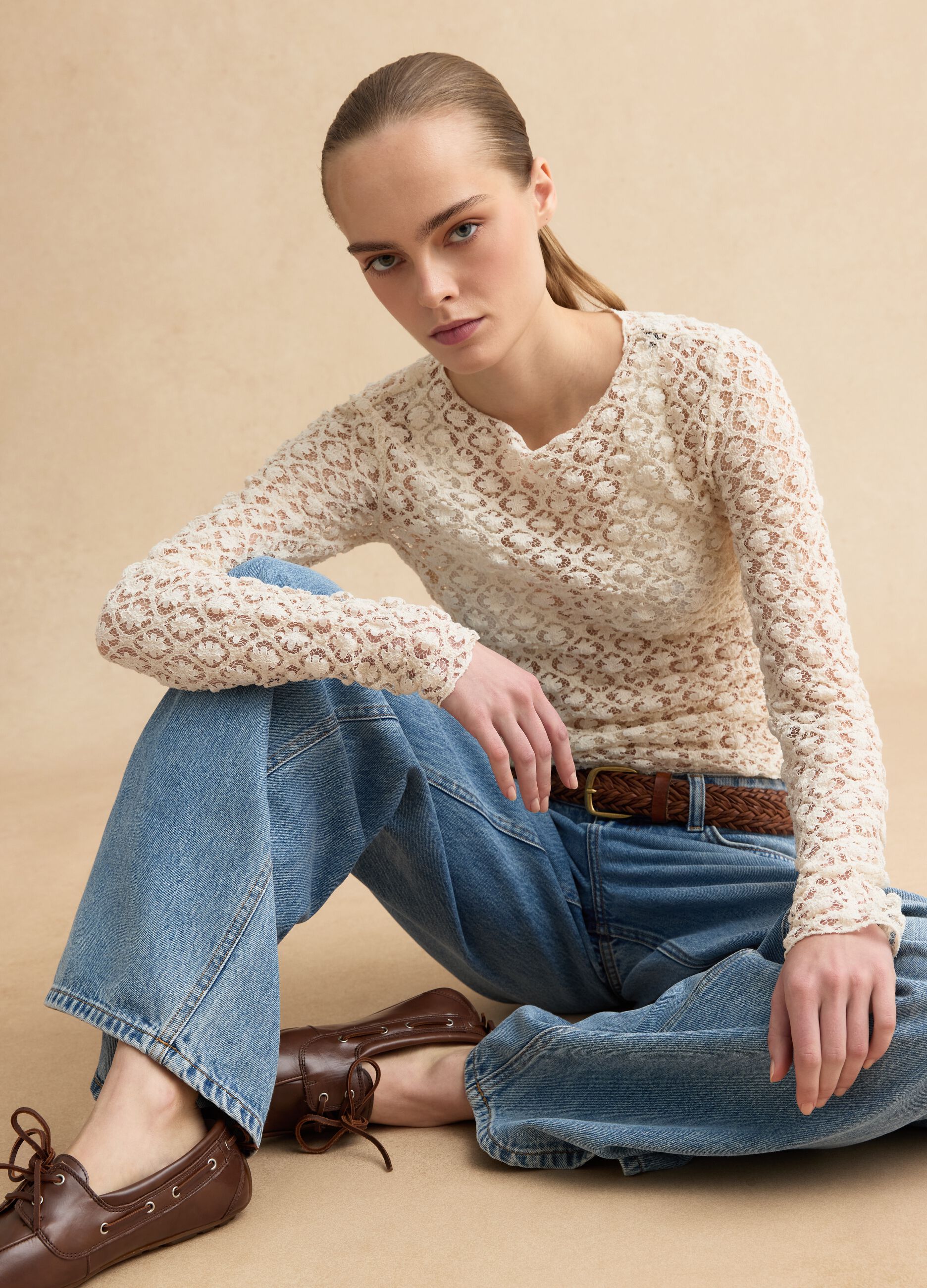 Beige stretch cotton blend regular fit top with lace