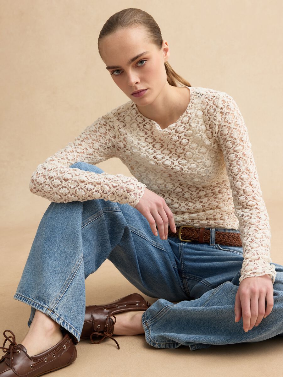 Beige stretch cotton blend regular fit top with lace_0