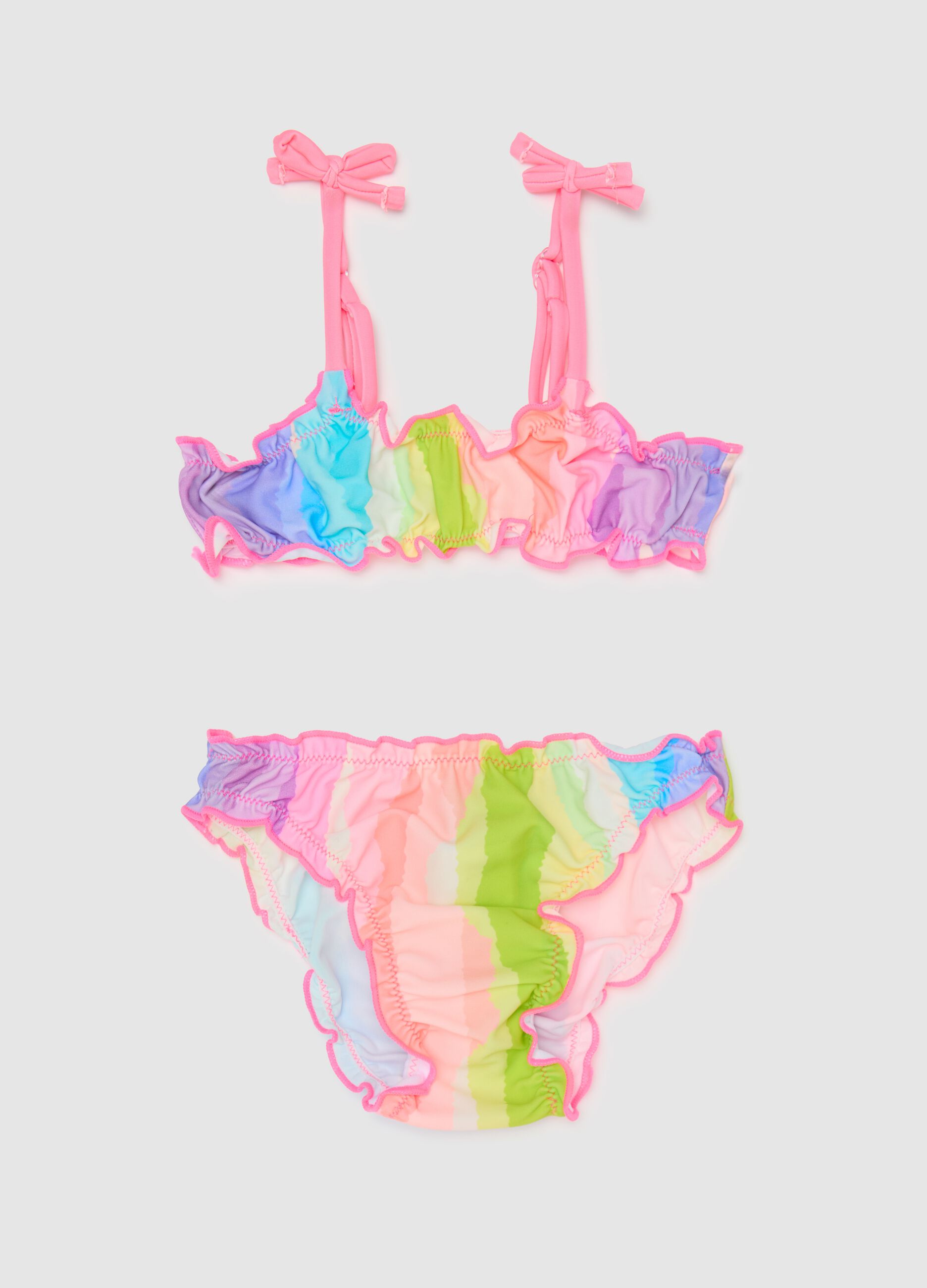 Girls’ bikini in multicoloured stretch fabric with flounces