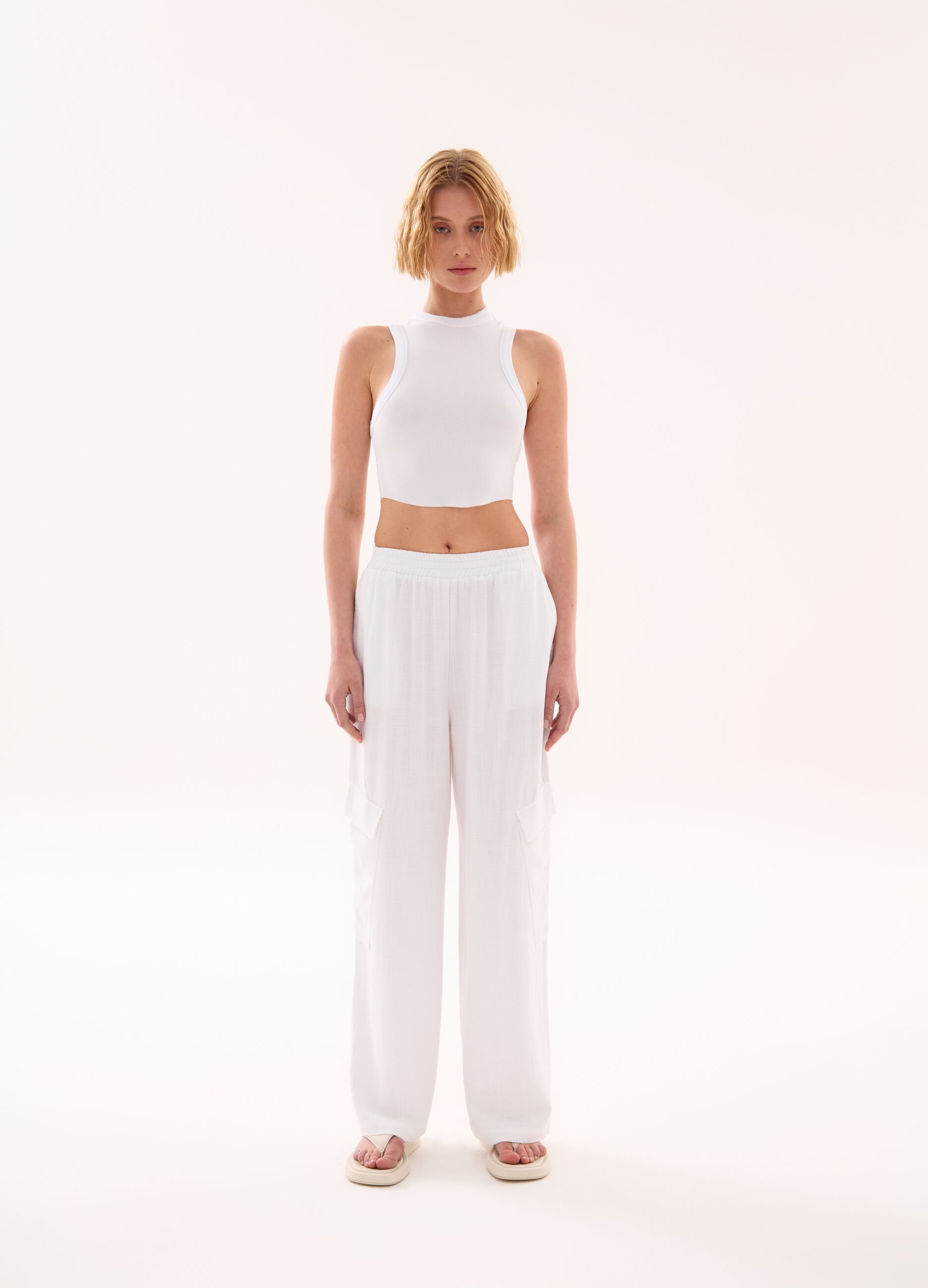 Linen Wide Leg Cargo White