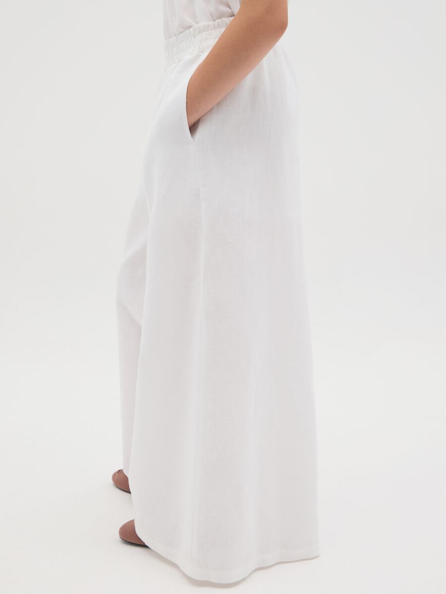 Girls' wide leg white cotton and linen trousers_3