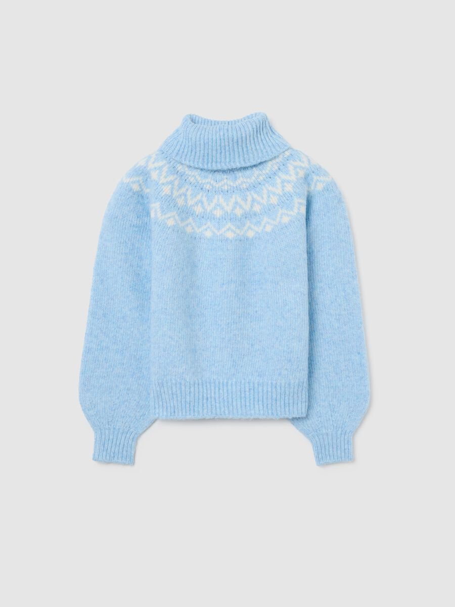Girls' Light Blue Regular Fit Turtleneck Sweater with Jacquard Pattern_4