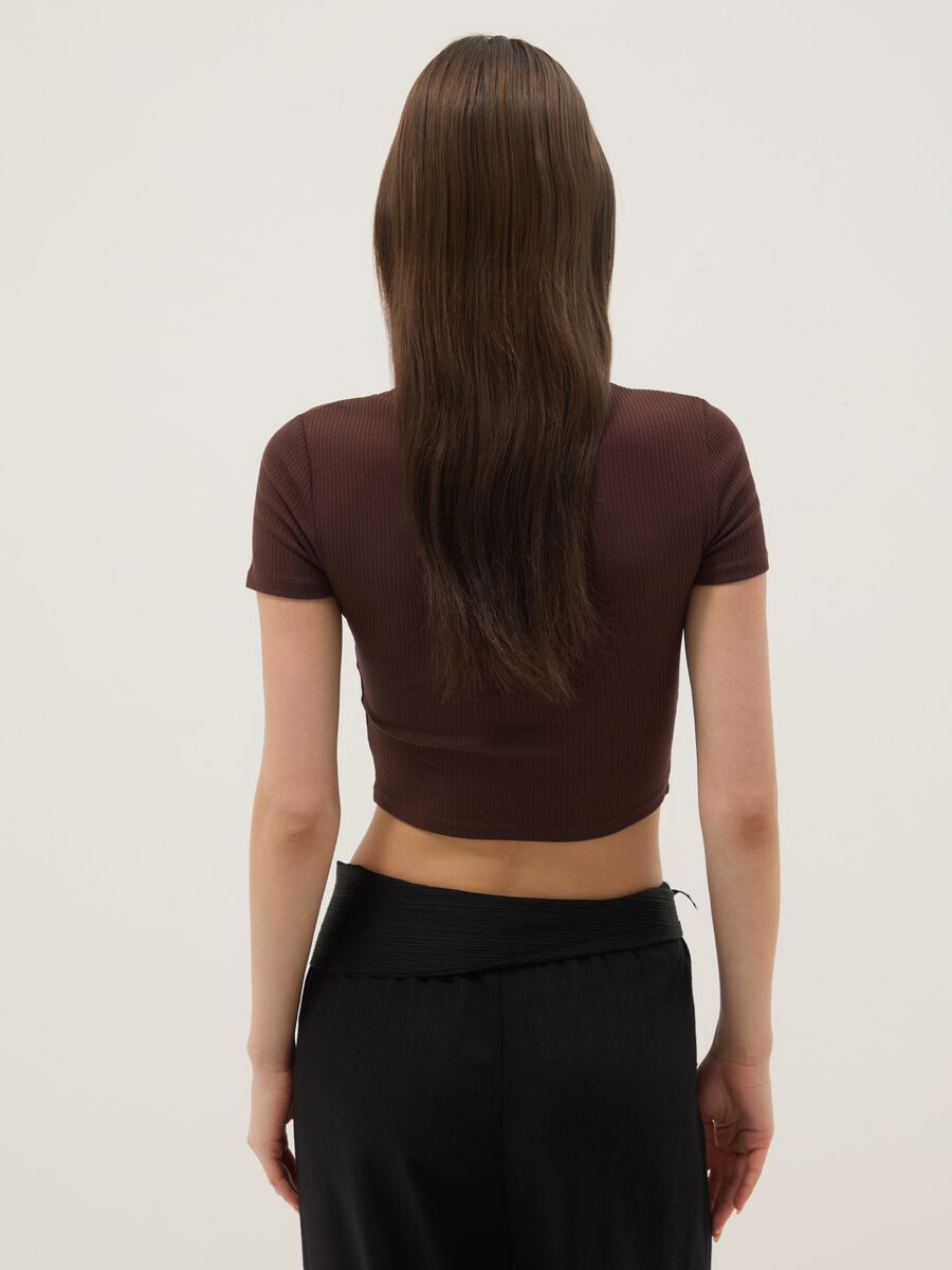 Brown ribbed fitted stretch-cotton T-shirt_3