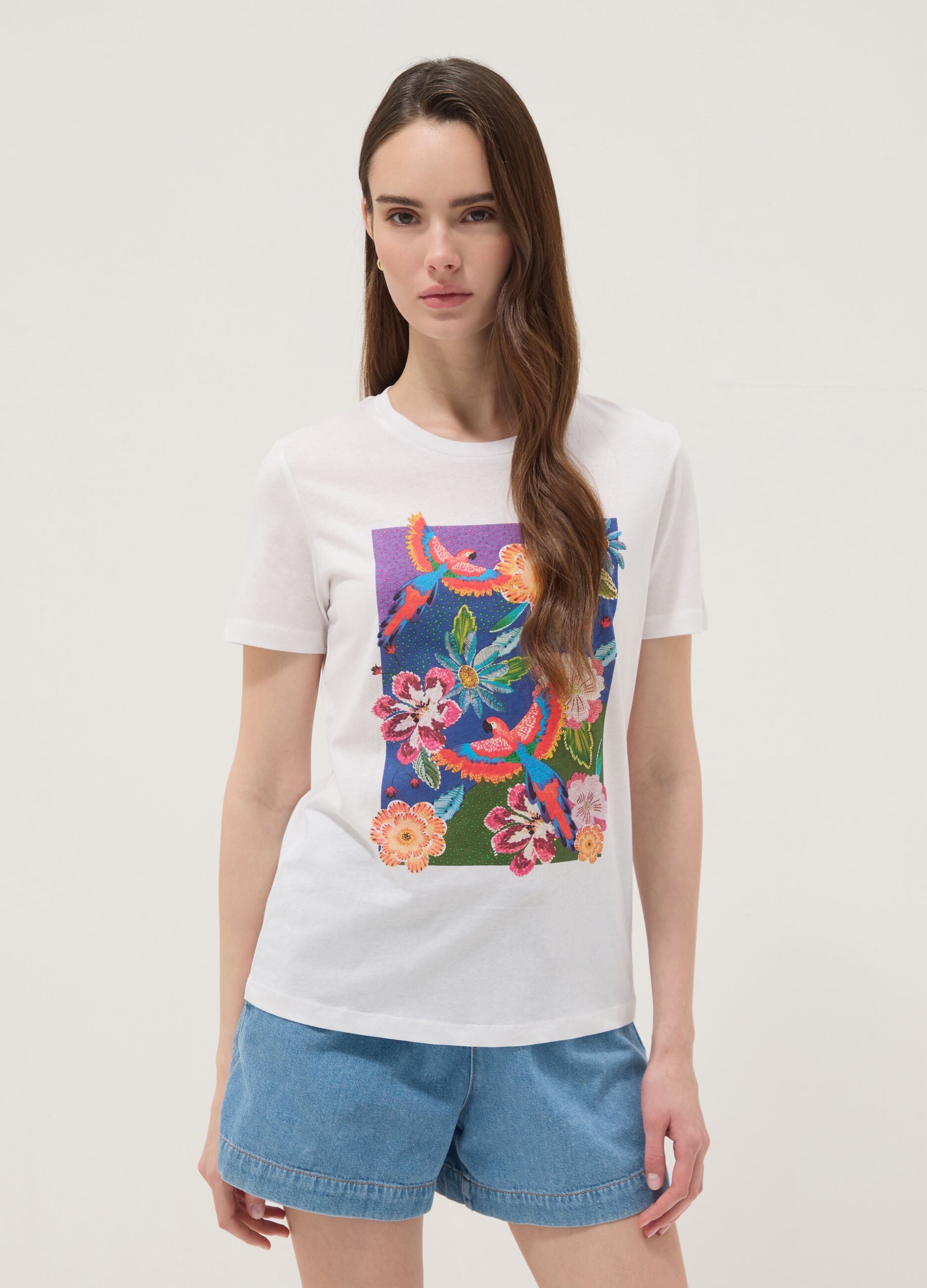 White pure cotton T-shirt with floral print
