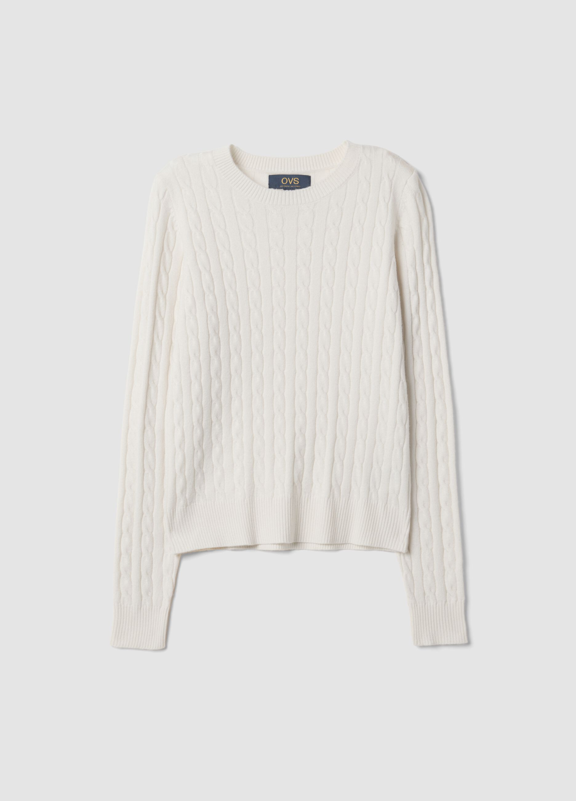 White cable-knit crew-neck jumper, regular fit