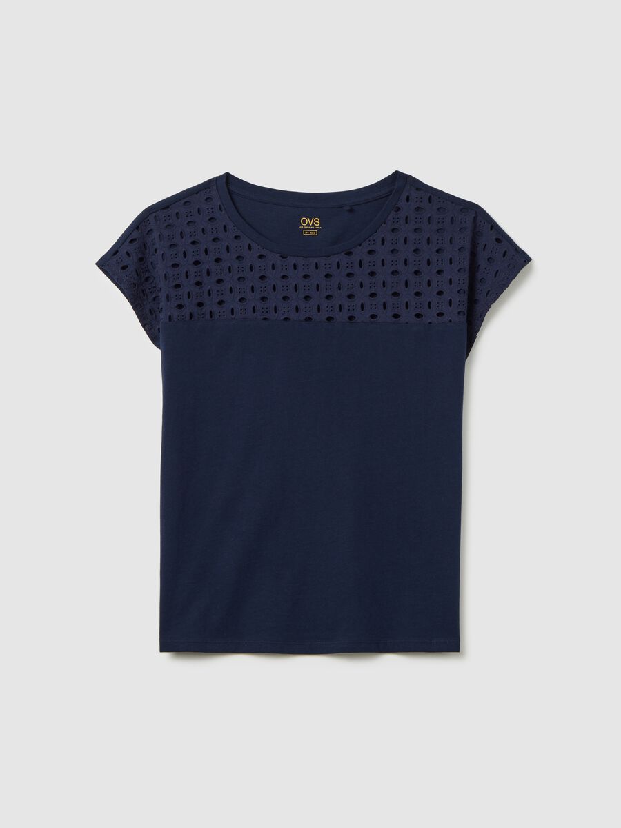 Blue short sleeve T-shirt with perforated details_4