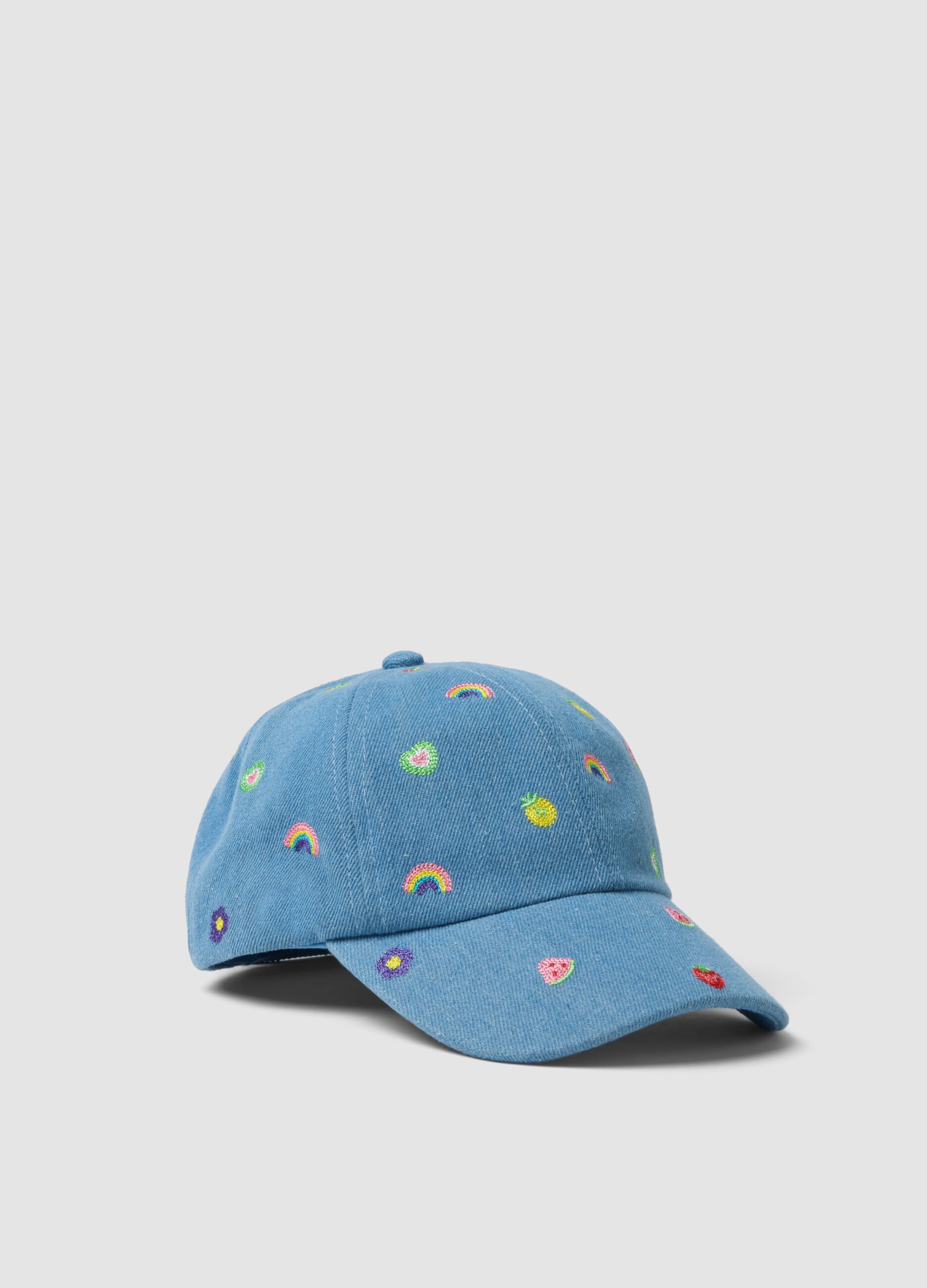 Blue denim pure cotton girl's hat with embroidery