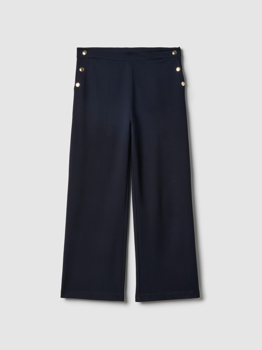 Blue Wide-Leg Trousers with Decorative Buttons_0