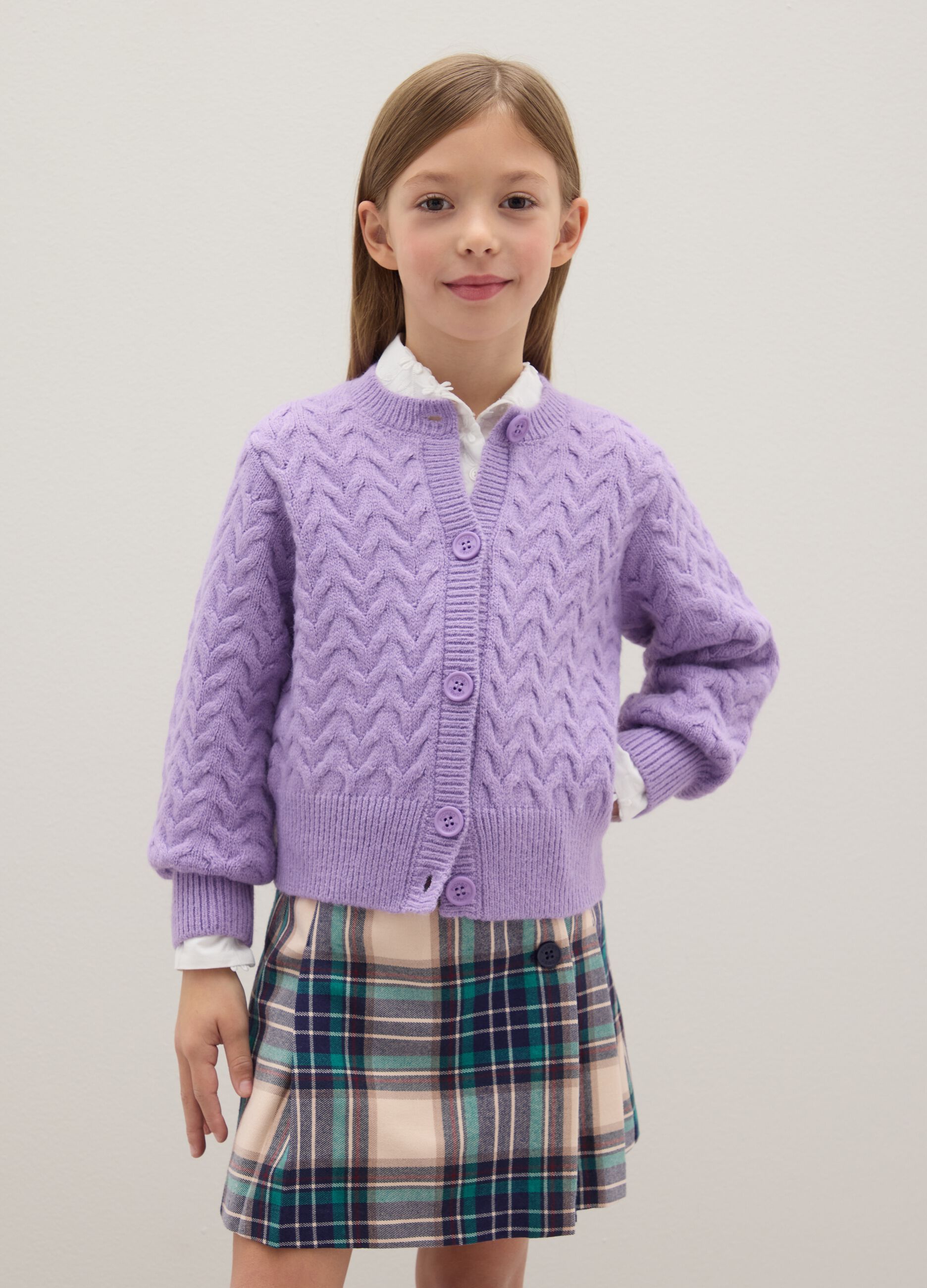 Girls' purple regular fit knitted pattern cardigan
