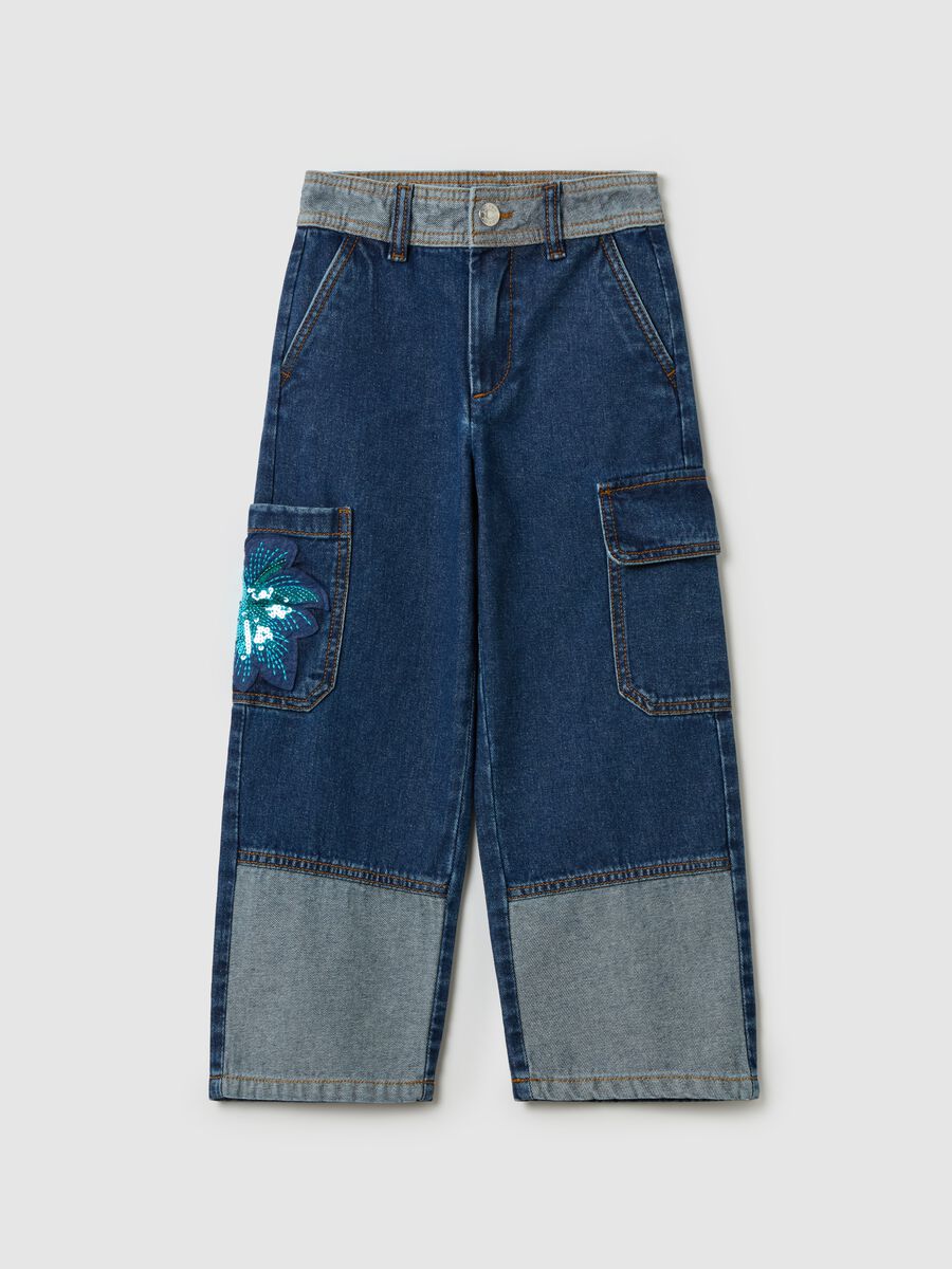 Cargo jeans with sequin flower_0
