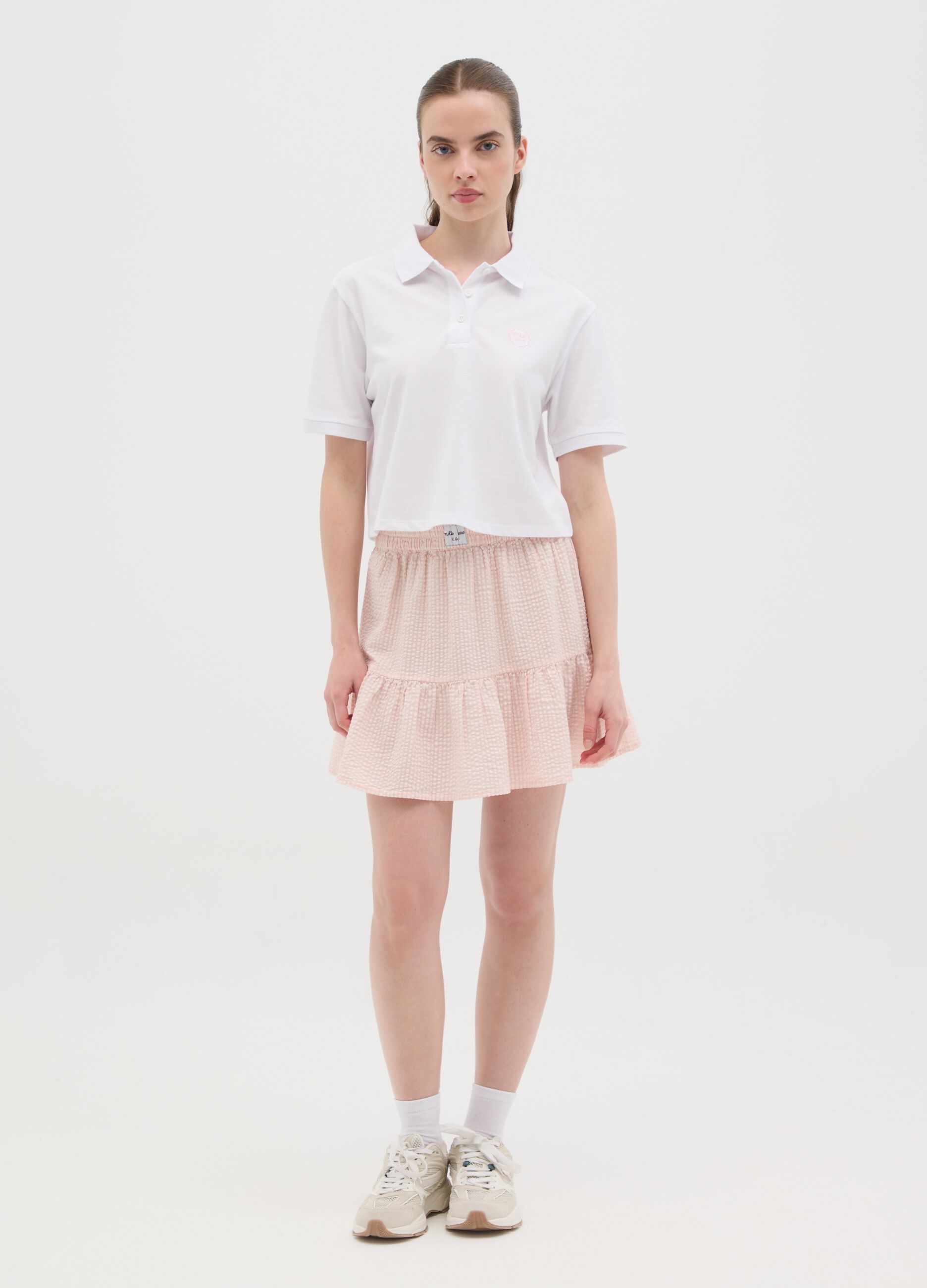 Women's pure white cotton polo, regular fit with classic collar and embroidered logo