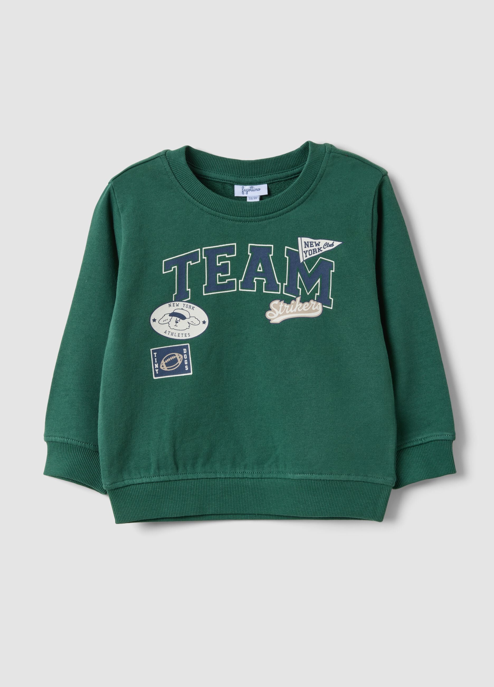 Felpa verde in puro cotone con girocollo e stampa per bimbo regular fit