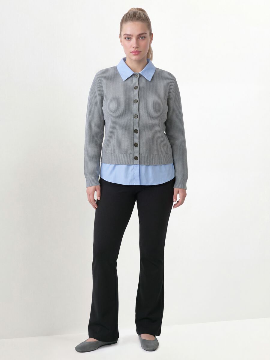 Cardigan grigio con colletto regular fit a coste effetto doppio strato_1