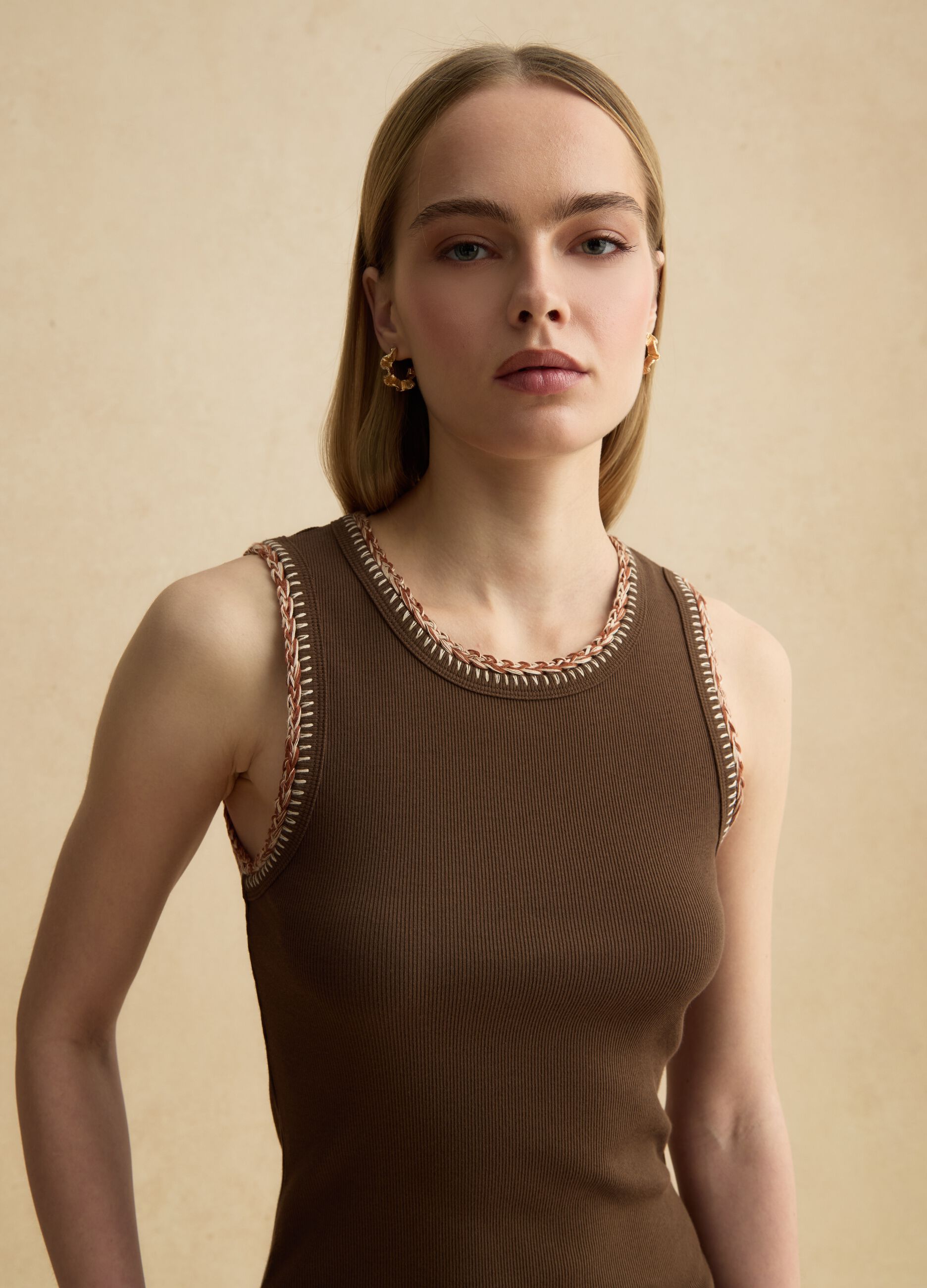 Brown Stretch Cotton Tank Top with Regular Fit and Embroidered Edges