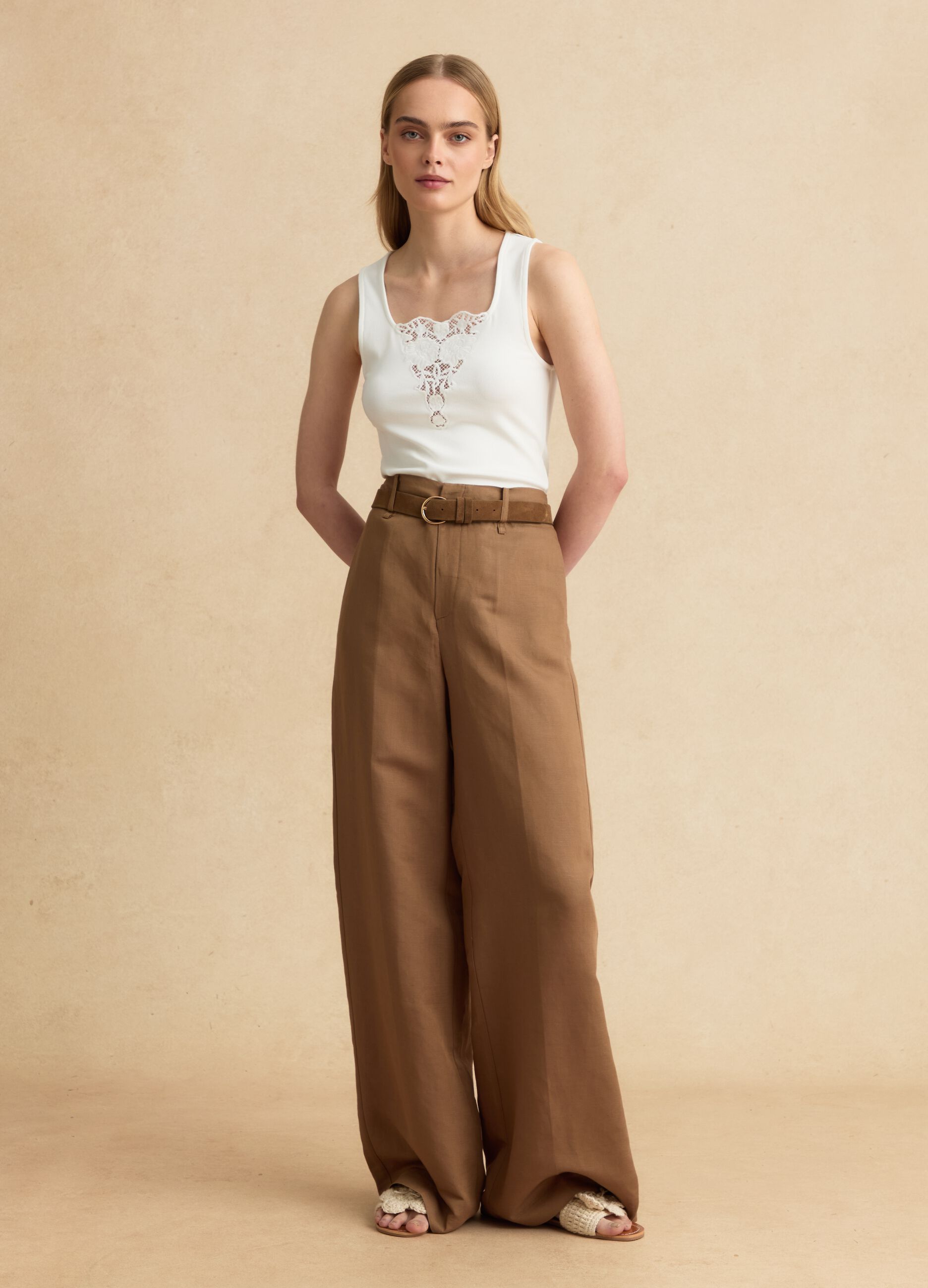 White stretch viscose tank top with embroidered detail
