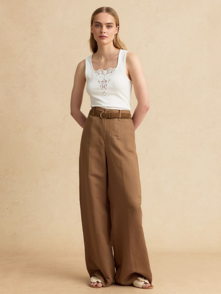 White stretch viscose tank top with embroidered detail_1