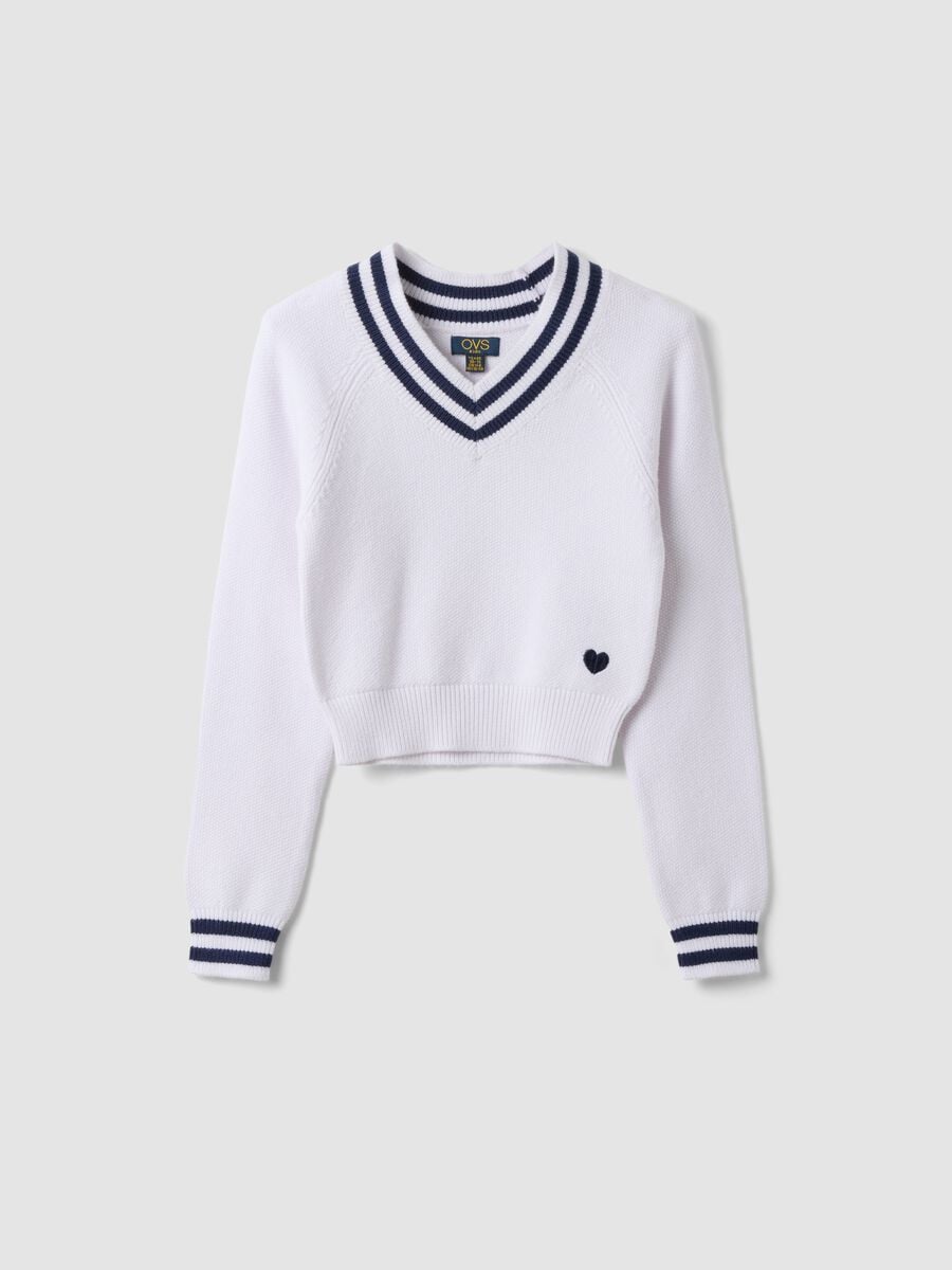 Maglia bianca in misto viscosa con scollo a V e righe per ragazza_3