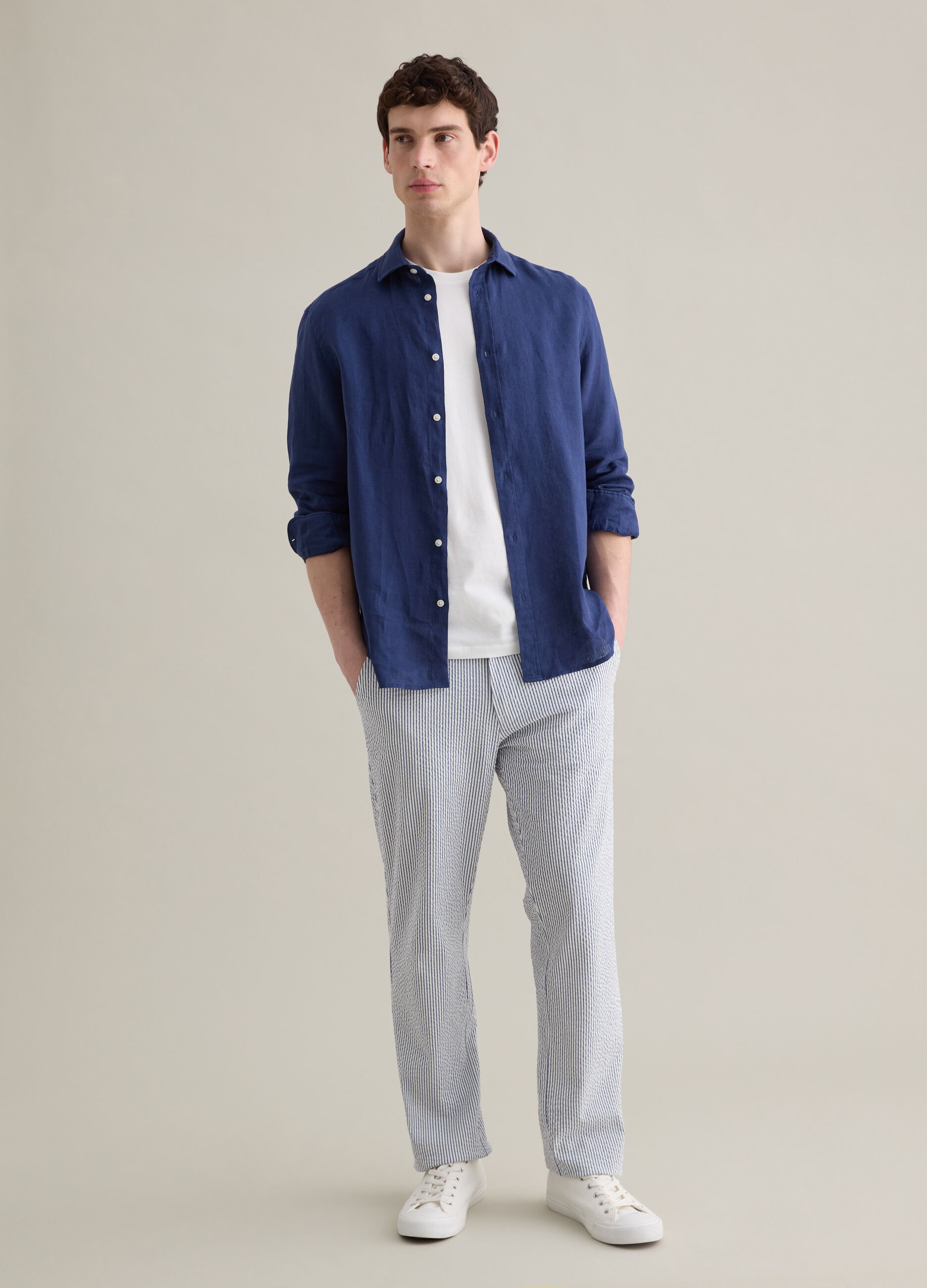 Seersucker chino trousers with white and blue stripes